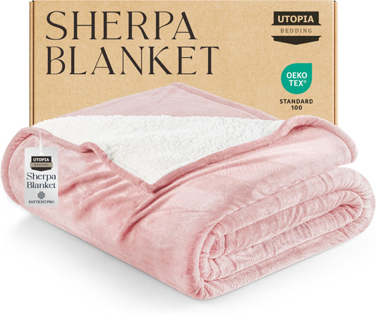 Utopia Bedding Sherpa Blanket Queen Size (Pink, 90x90 Inches) - Soft Lightweight Plush Fleece Reversible Blanket for Bed, Sofa, Couch, Camping and Travel