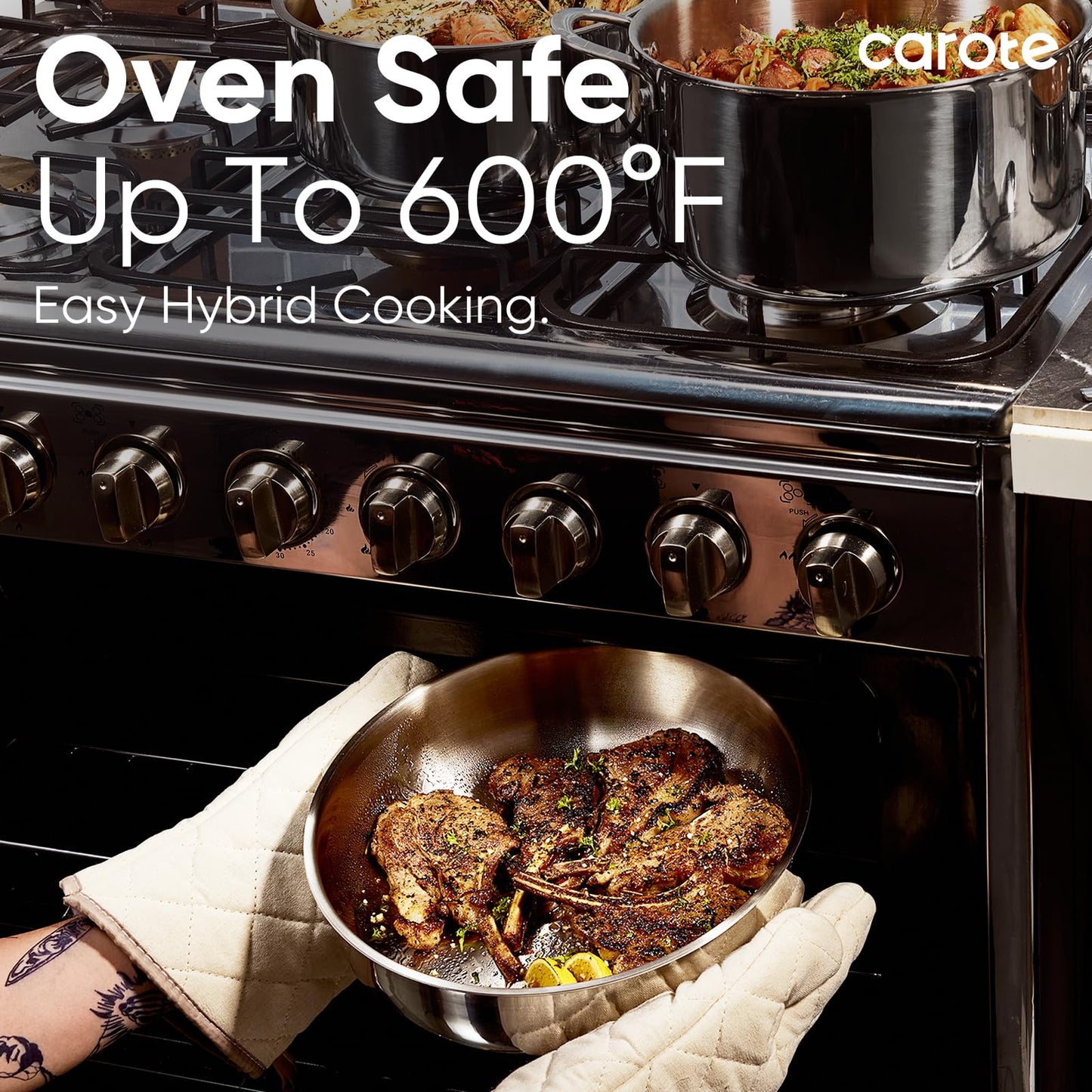 CAROTE 14pcs Pots and Pans Set, Stainless Steel Cookware Set Detachable Handle, Induction Kitchen Cookware Sets with Removable Handle, RV Cookware Set, Oven Safe, Camping Cookware, Black