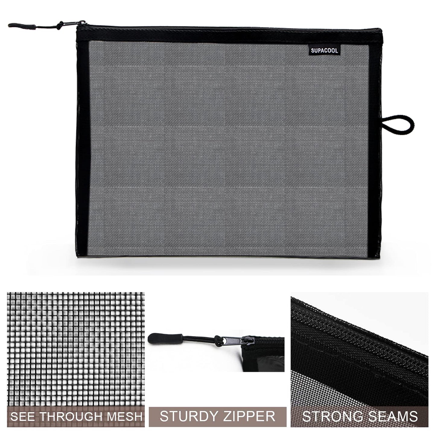 SUPACOOL Set of 4 Travel Mesh Makeup Bag, Cosmetic Organizer Pouches with Zipper, Diaper Organizing Pouches, Nylon Toiletries Bag for Women and Men(4pcs, Black)