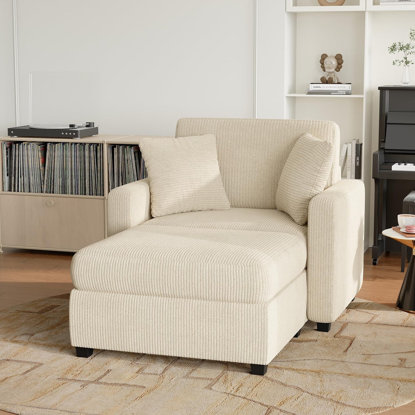 Apicizon Chaise Lounge Chair Indoor, 42" Oversized Sofa Bed with Two Throw Pillows and Armrests, Corduroy Chaise Lounge for Bedroom, Single Sleeper Chair with Ottoman for Living Room, Beige