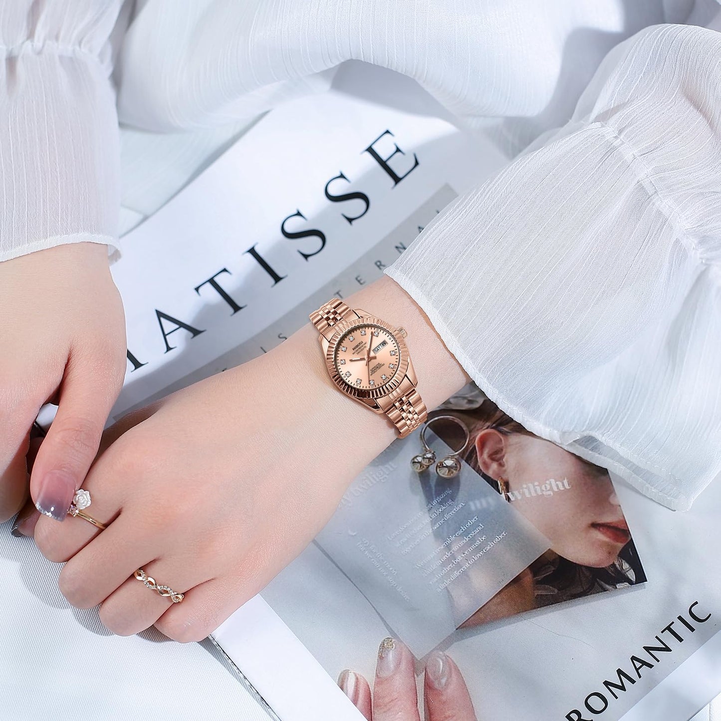NIBOSI Watches for Women Analog Quartz Stainless Steel Dial Rose Gold Bracelet with Day Date Luminous Waterproof Dainty Classic Luxury Diamond Elegant Dress Women's Watch for Small Wrists