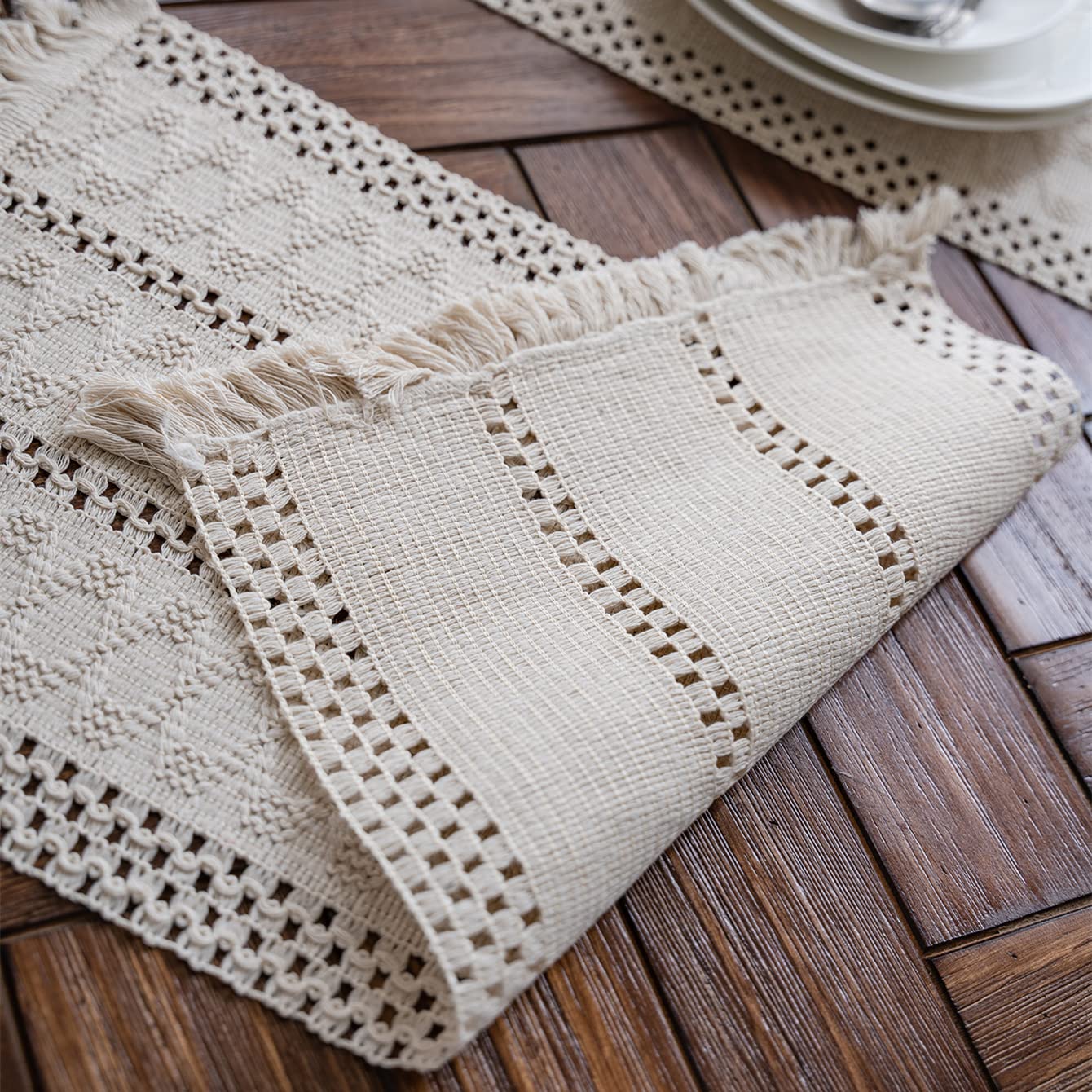 Alynsehom Macrame Table Runner Cream Beige Boho Table Runners with Tassels Hand Woven Cotton Table Runner Rustic Farmhouse Table Runners for Bohemian Kitchen Dining Table(12x71in)