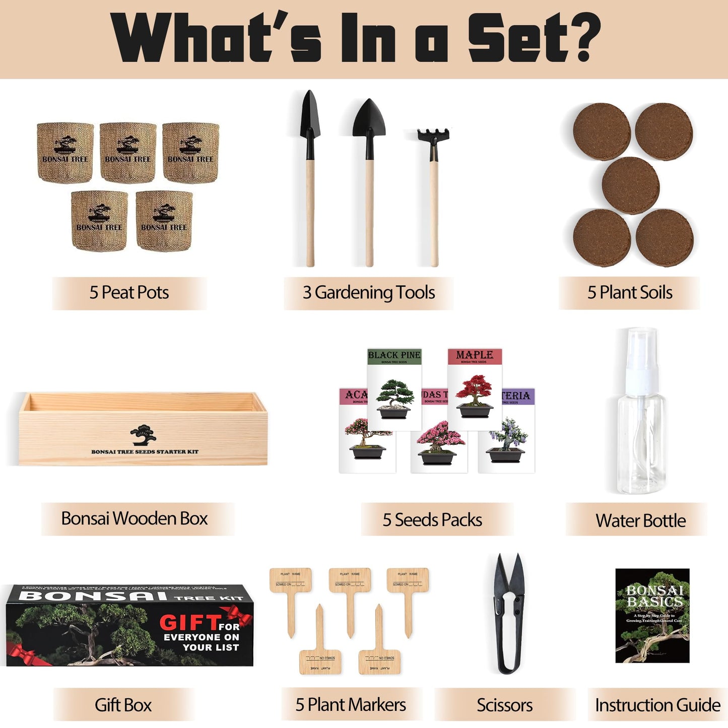 Sproutix Indoor Bonsai Garden Starter Kit, 5 Seeds Growing into Red Maple, Wisteria, Black Pine, Judas Tree, Acacia, Including Complete Gardening Planters & A Wooden Box, Christmas Gifts for Women