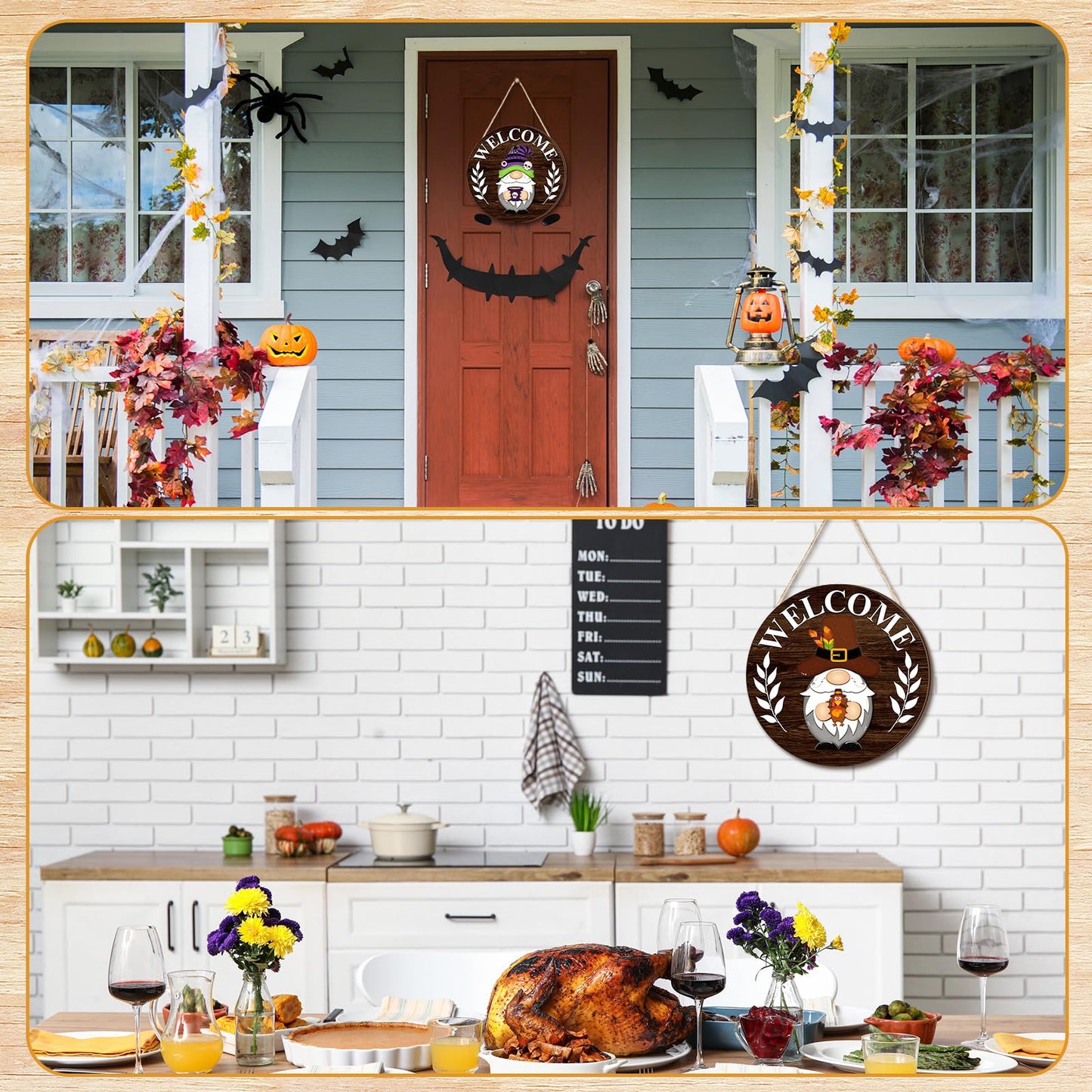 Qunclay Interchangeable Wooden Gnome Decor Holiday Seasonal Gnome Decorations with Magnet Pieces and Detachable Hats Changeable Welcome Sign for Home (Elegant Style)