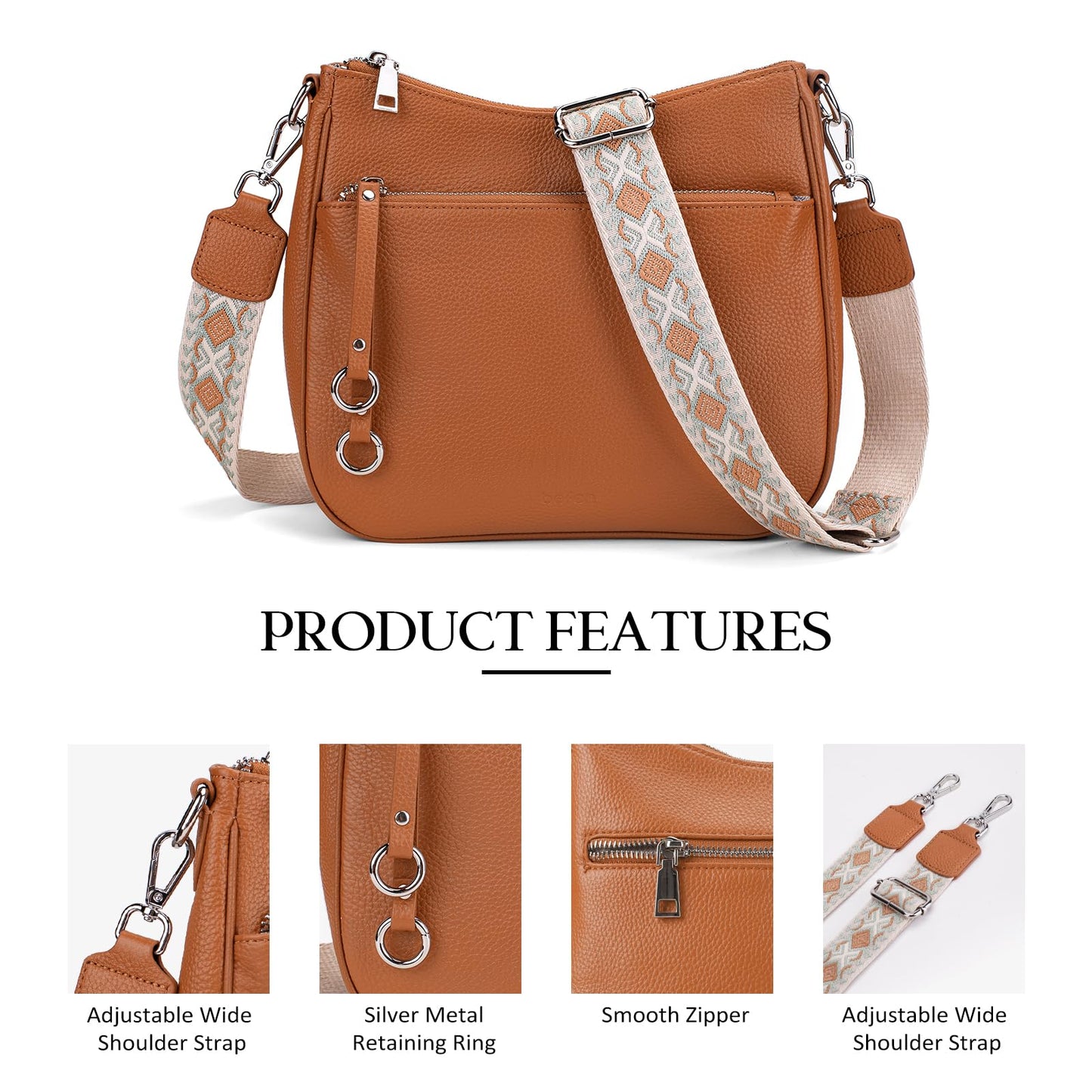 befen Genuine Leather Crossbody bag for Women, Brown Leather Purse Women's Hobo Crossbody Purse Shoulder Handbags with Adjustable Wide Shoulder Strap for Everyday and Travel