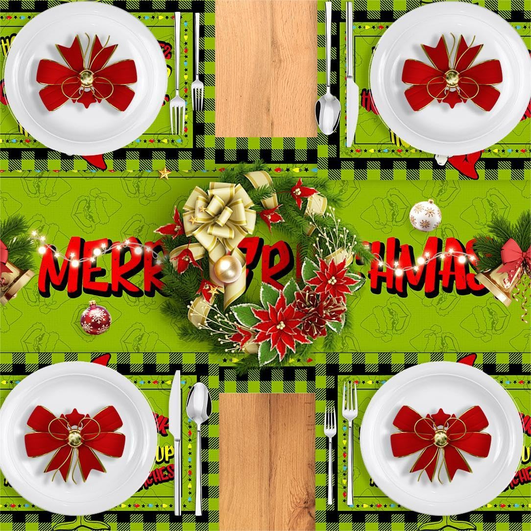 Linen Green Christmas Table Runner Merry Christmas Tablecloth Christmas Xmas Winter Holiday Home Kitchen Dining Room Table Decorations 13x72 Inch