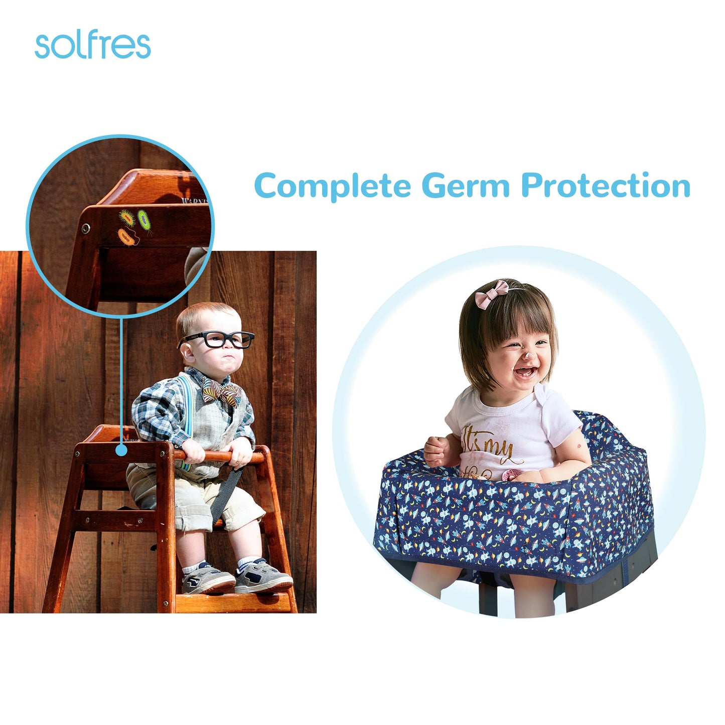 Dual-Belt High Chair Cover, Baby High Chair Cover, Upgrade Version, for Wooden or Restaurant High Chair, Sturdy and Robust Material, Blue Space