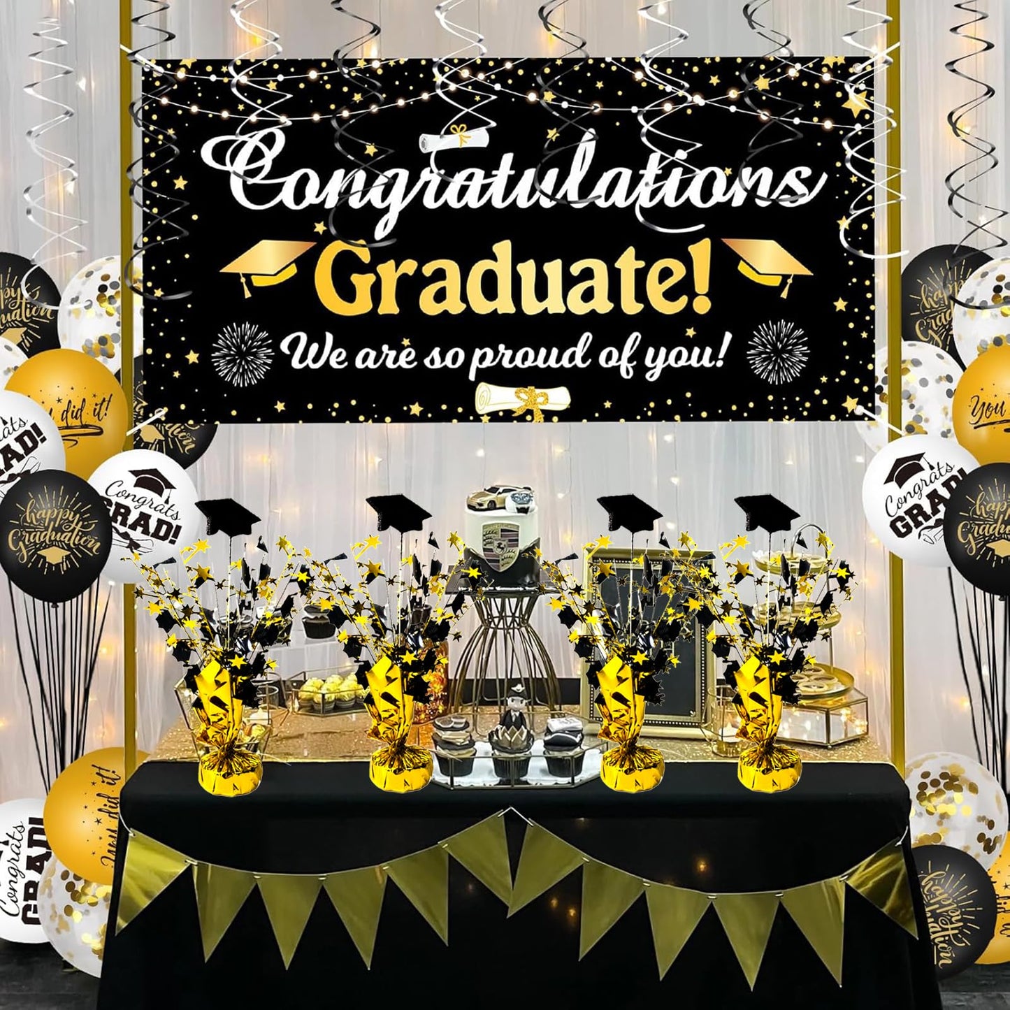FUBININA 6 Pack 2025 Graduation Table Centerpiece Party Decoration Metallic Foil Spray Glitter Graduate Cap Decor Star Table Top for Graduation Parties Grad Ceremonies Party Favor, Black and Gold