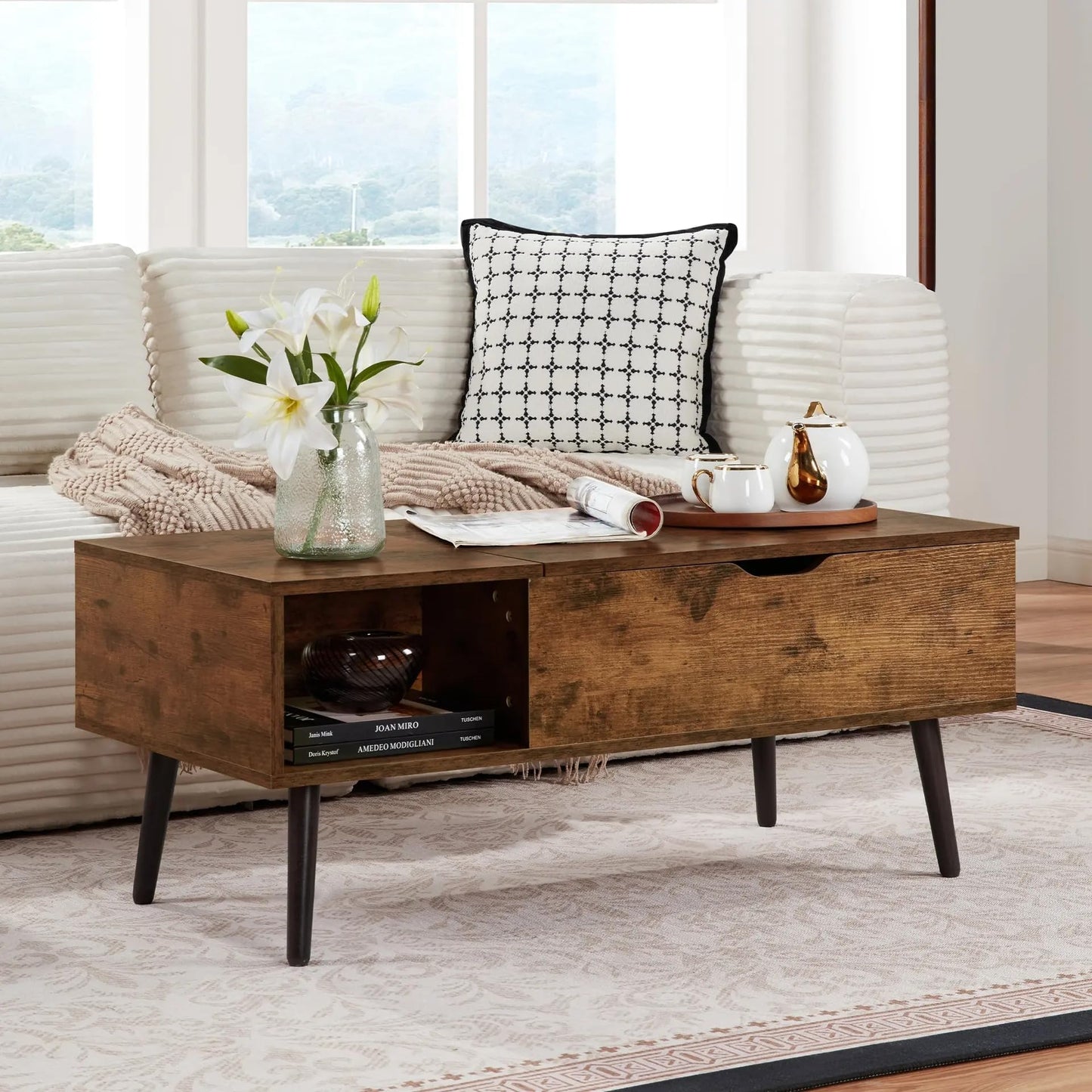 SANODESK 39" Wood Lift Top Coffee Table with Hidden Compartment and Storage Shelf for Living Room, Reception Room, Brown