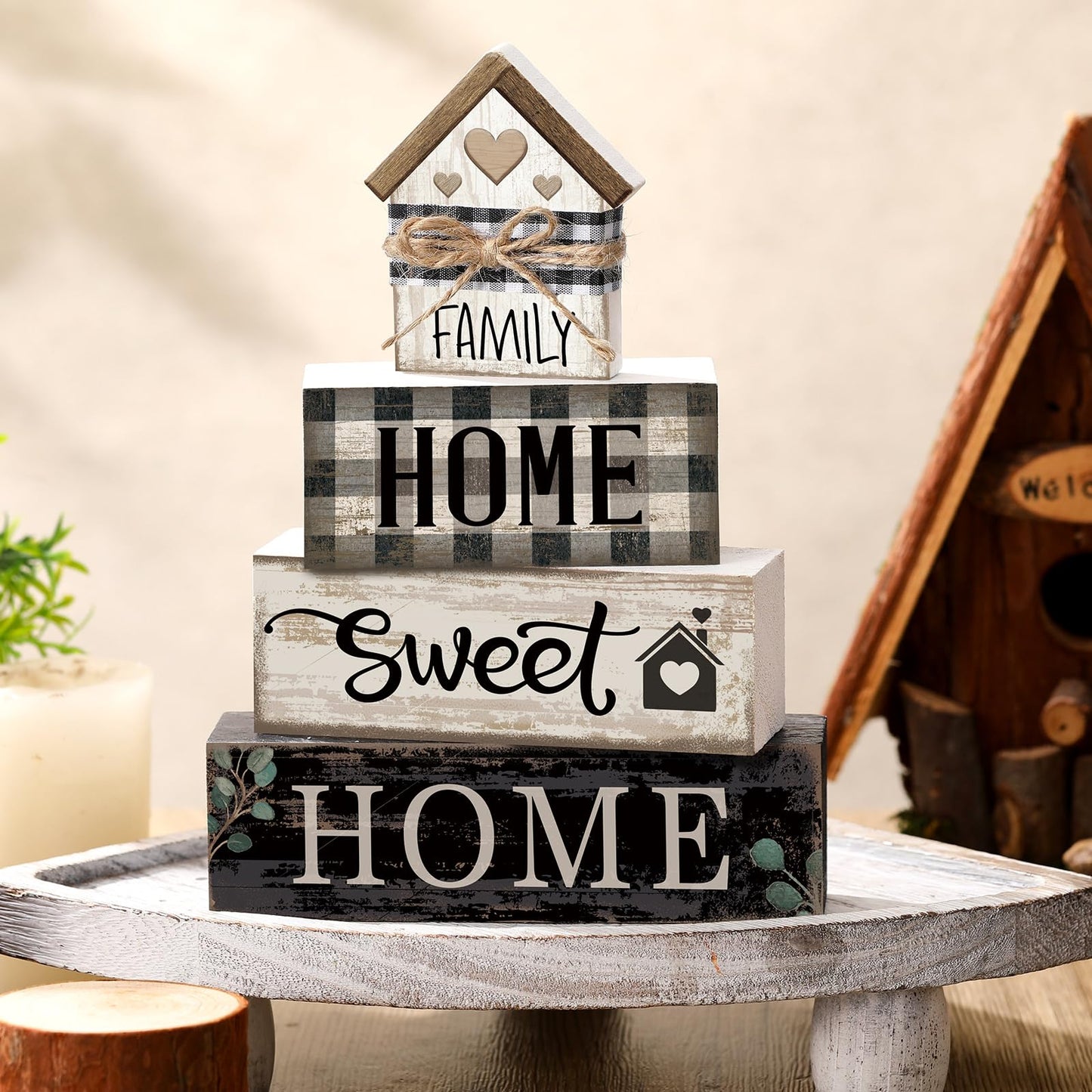 Moucuny 4 Pcs Farmhouse Wooden Tabletop Decor Sweet Home Tiered Tray Decor Rustic Retro Wood House Shaped Block Sign Housewarming Gifts Neutral Centerpiece Farmhouse Table Sign for Home Shelf Mantle