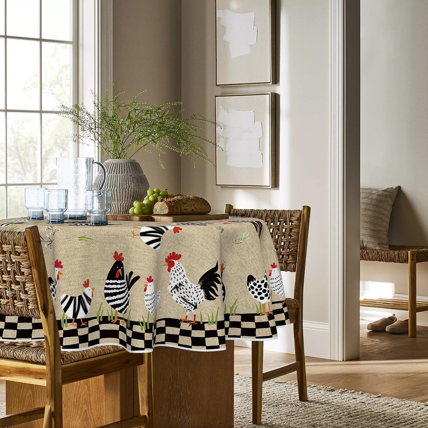 Horaldaily Rooster Rustic Country Tablecloth 70×70 Inch Round, Rooster Flax Washable Seasonal Table Cover for Party Picnic Dinner Decor