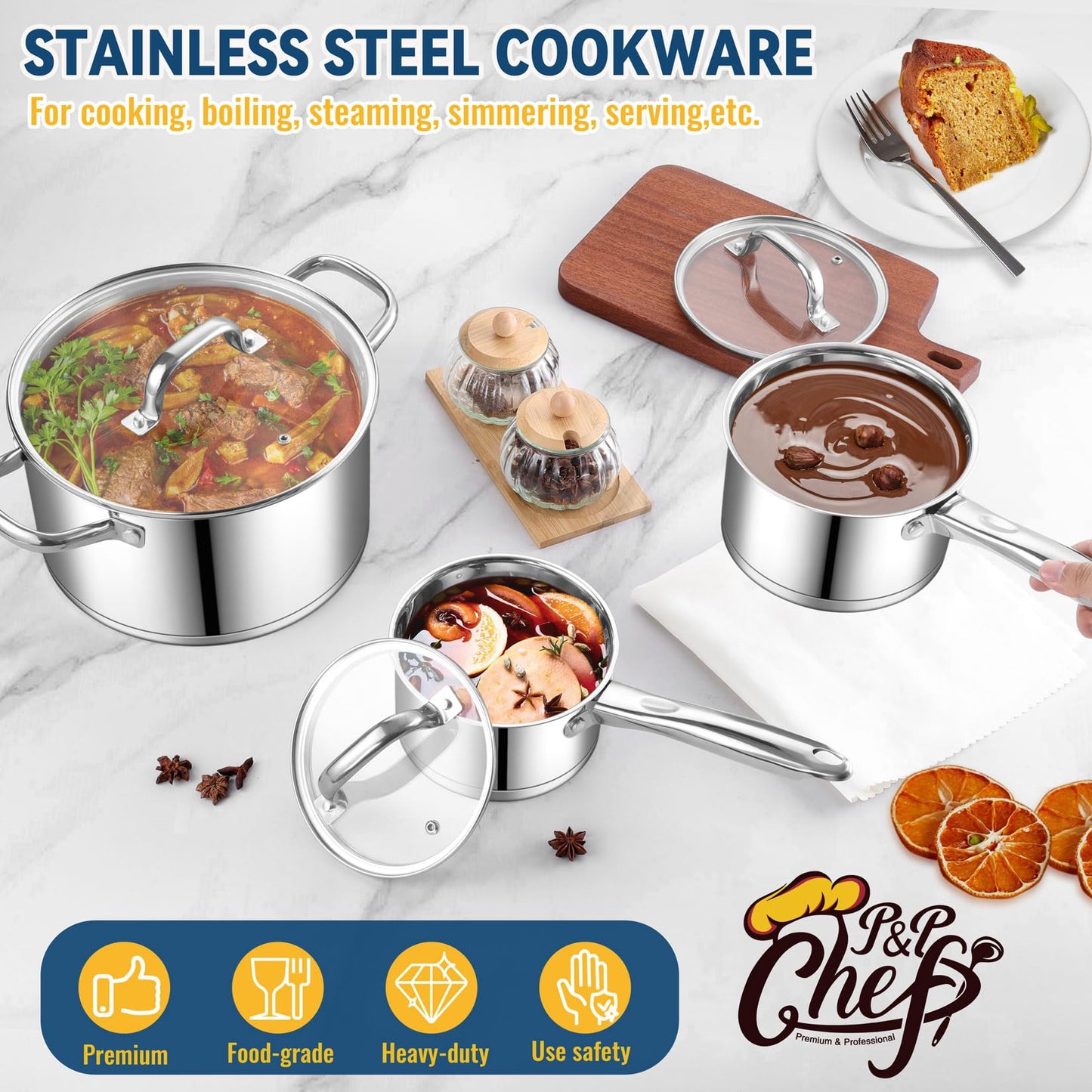 P&P CHEF 10 Pcs Pots and Pans Sets, Stainless Steel Cookware Set of 6 for Kitchen, Induction Cooking Pot & Saucepans with Glass Lids, Nonstick Frying Pans & Saute Pan