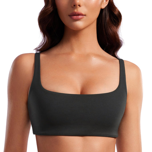 CRZ YOGA Butterluxe Spaghetti Strap Sports Bras for Women - Square Neck Yoga Wireless Low Coverage Padded Cami Crop Top Black X-Small