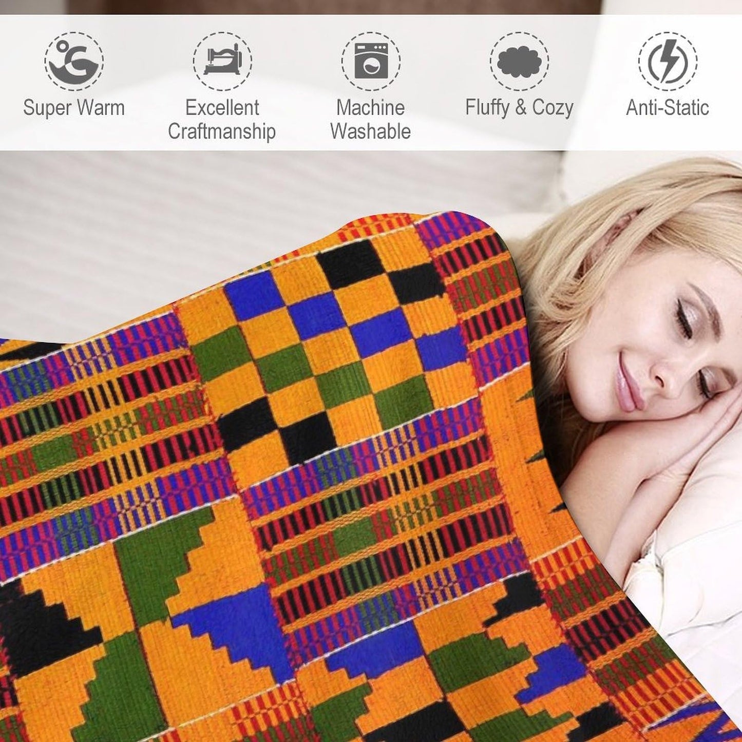 African Tribal Ethnic Kente Print Fleece Blanket, Soft Cozy Throw Blanket 50x60 Inches, Lightweight Fuzzy Comfy Flannel Blanket Warm Plush Throw Blankets for Couch, Sofa, Bed