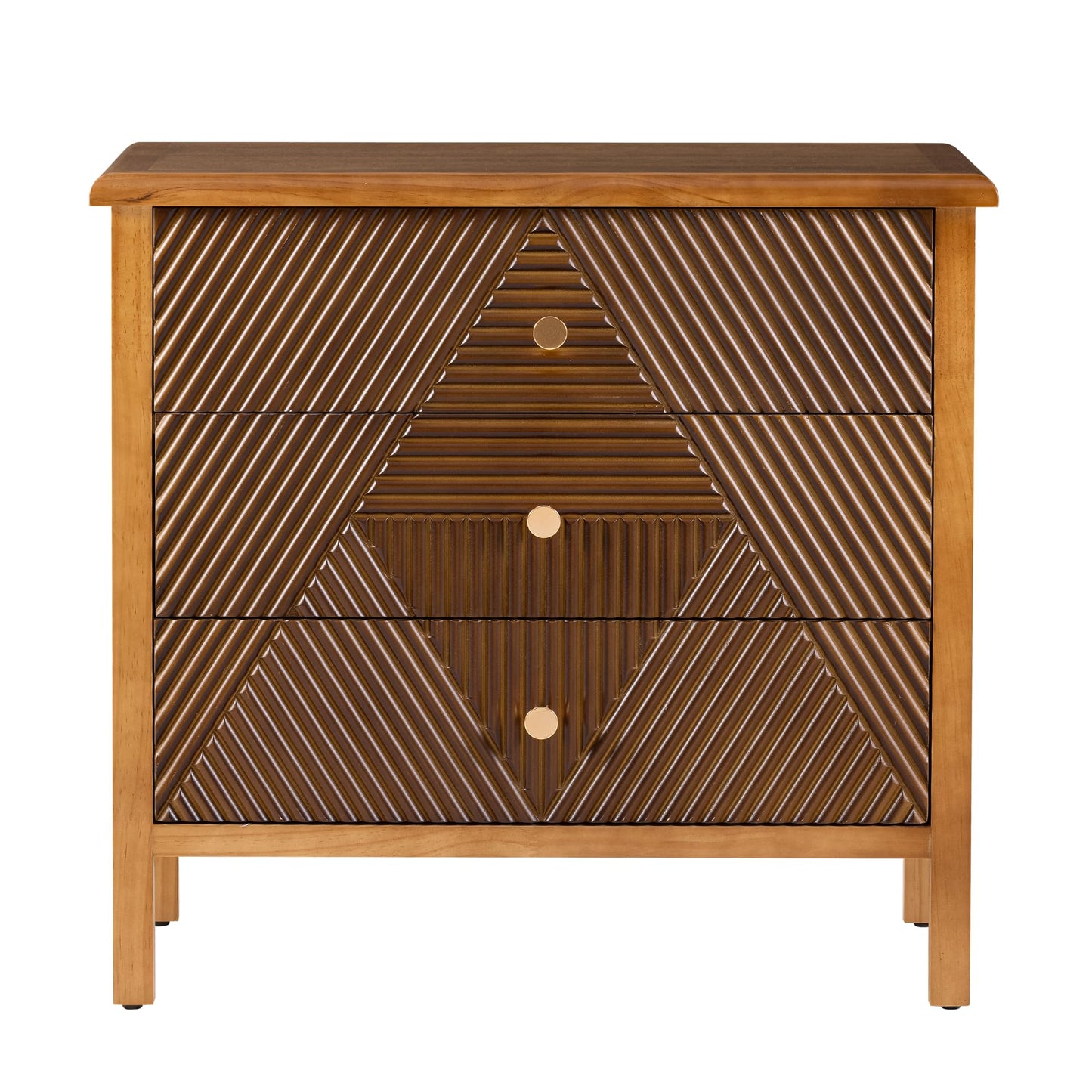 COZAYH 3 Drawer Fluted Dresser with Carved Geometric Pattern, Modern Nightstand, Side End Table for Bedroom, Accent, Carved, Alloy Handle, Fully-Assembled, Brown, Natural Wood