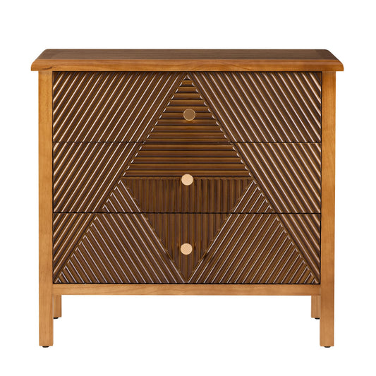 COZAYH 3 Drawer Fluted Dresser with Carved Geometric Pattern, Modern Nightstand, Side End Table for Bedroom, Accent, Carved, Alloy Handle, Fully-Assembled, Brown, Natural Wood