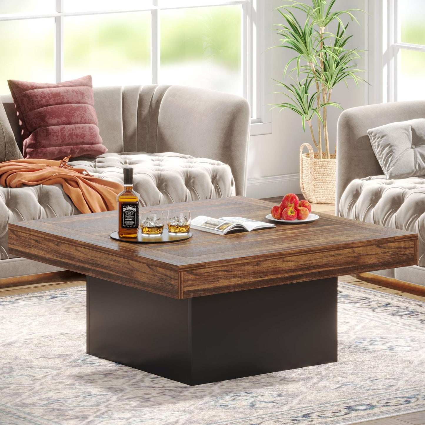 Tribesigns Farmhouse Coffee Table Square LED Engineered Wood Low Coffee Table for Living Room Rustic Brown & Black