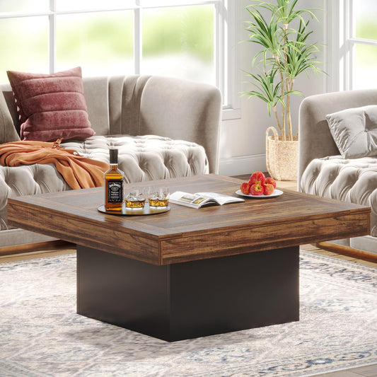 Tribesigns Farmhouse Coffee Table Square LED Engineered Wood Low Coffee Table for Living Room Rustic Brown & Black