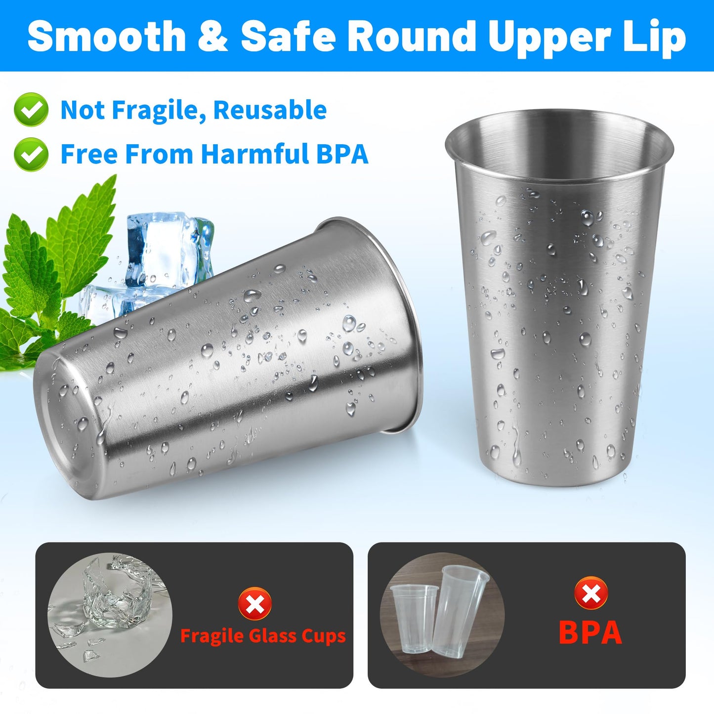 HAMILADUO 4Pack 16 oz Stainless Steel Pint Cups,Stainless Steel Cup,Pint Cup Tumbler，water Tumbler,Stackable,Reusable,BPA Free, (4)