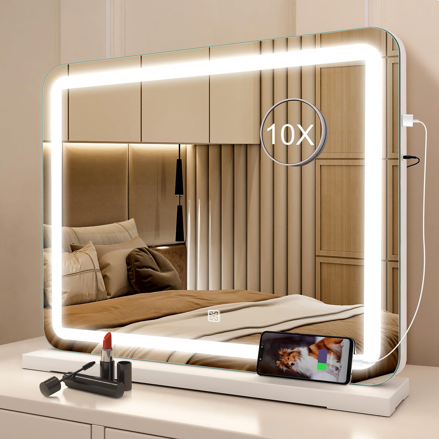 STARLEAD 19" x 14" Makeup Mirror with Lights and 10X Magnification, 3-Color Dimmable LED Lighting & Touch Control, USB Charging Port for Travel/Dressing Room