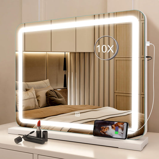 STARLEAD 19" x 14" Makeup Mirror with Lights and 10X Magnification, 3-Color Dimmable LED Lighting & Touch Control, USB Charging Port for Travel/Dressing Room
