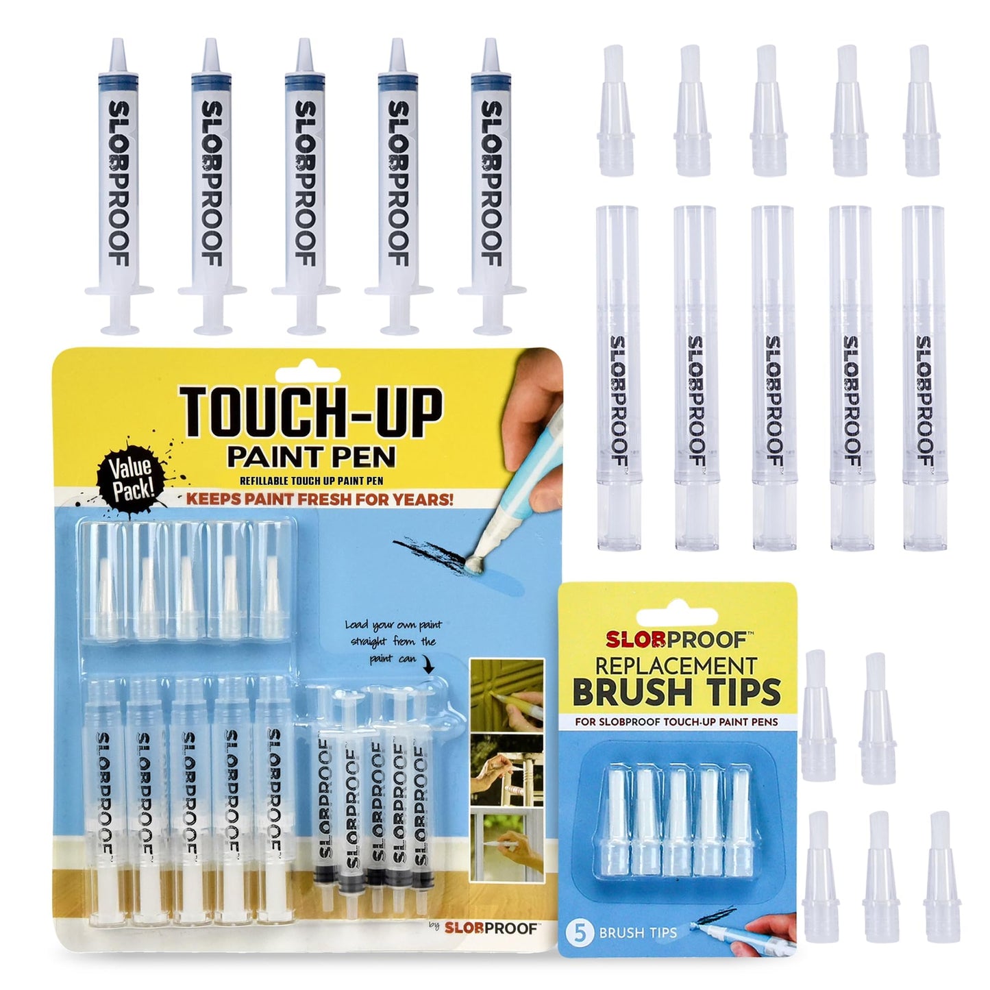 Slobproof Refillable Touch-Up Paint Pen and Brush Tips Bundle - 5 in 1 Pack with Precision Small Paint Brushes for Touch-Ups on Walls, Wood, and More, Easy Fill Pens