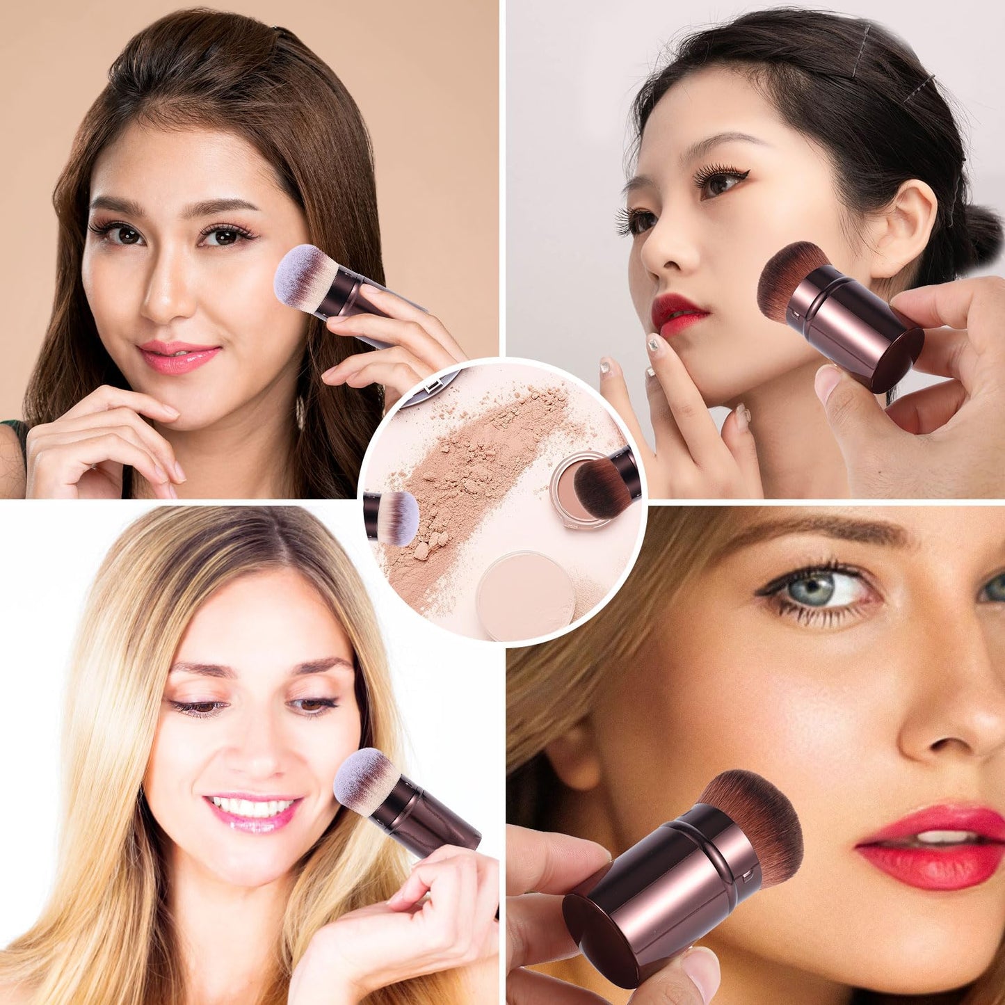 2pcs Travel Face Blush Brushes, Retractable Makeup Brush Portable Foundation Sunscreen Brush for Blending Cosmetics(Coffee + Three-Color Hair)
