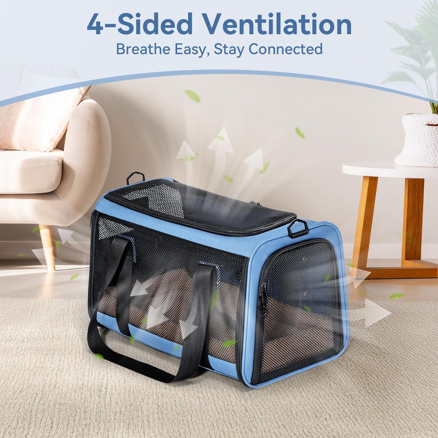 PETSFIT Soft-Sided Cat Carriers & Car Seats with Patent Safe Buckles, Clip-On Harness，18"x11"x11" Airline Approved Pet Carrier - 9 lbs Capacity (Blue)