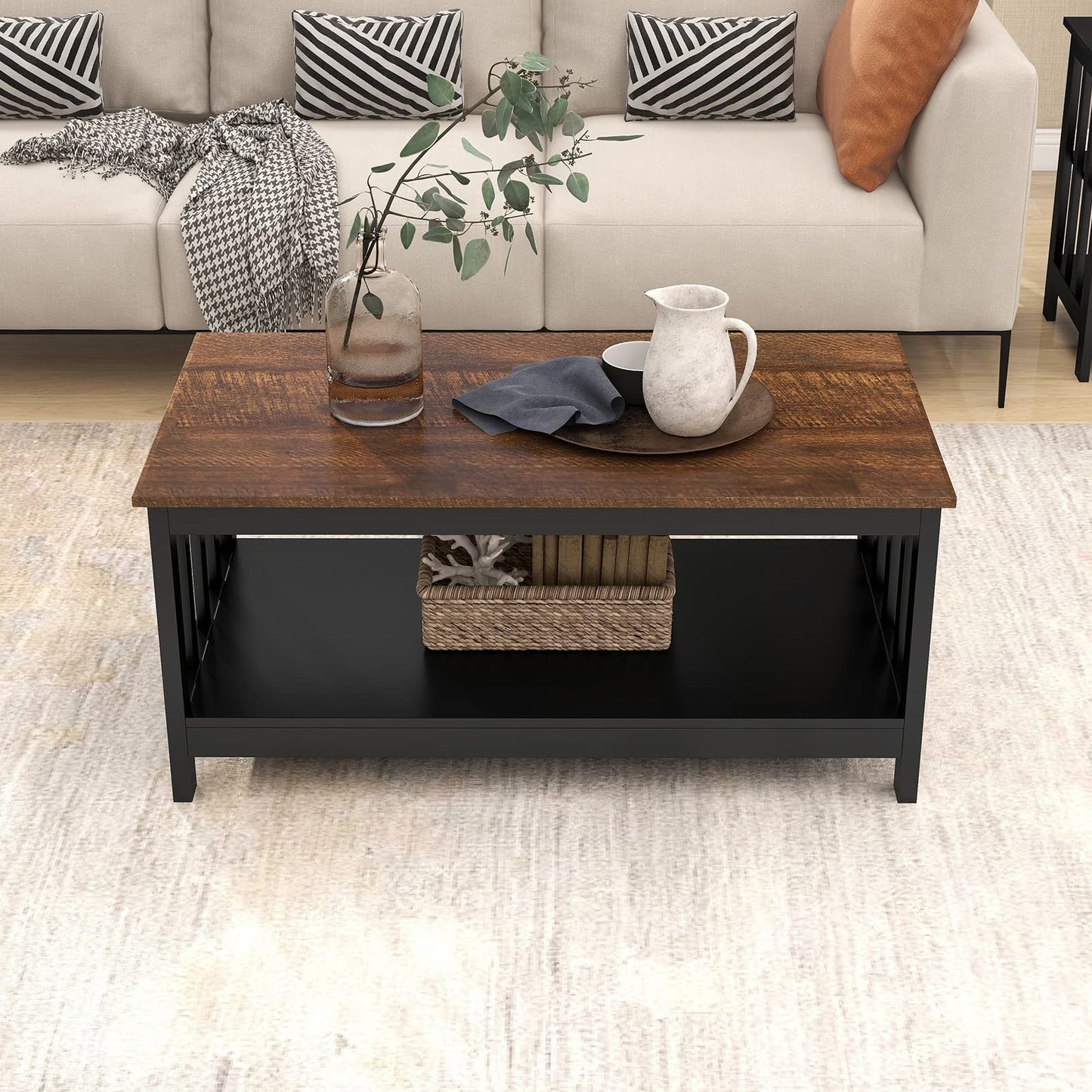ChooChoo Farmhouse Coffee Table, Black Living Room Table with Shelf, 40 Inch