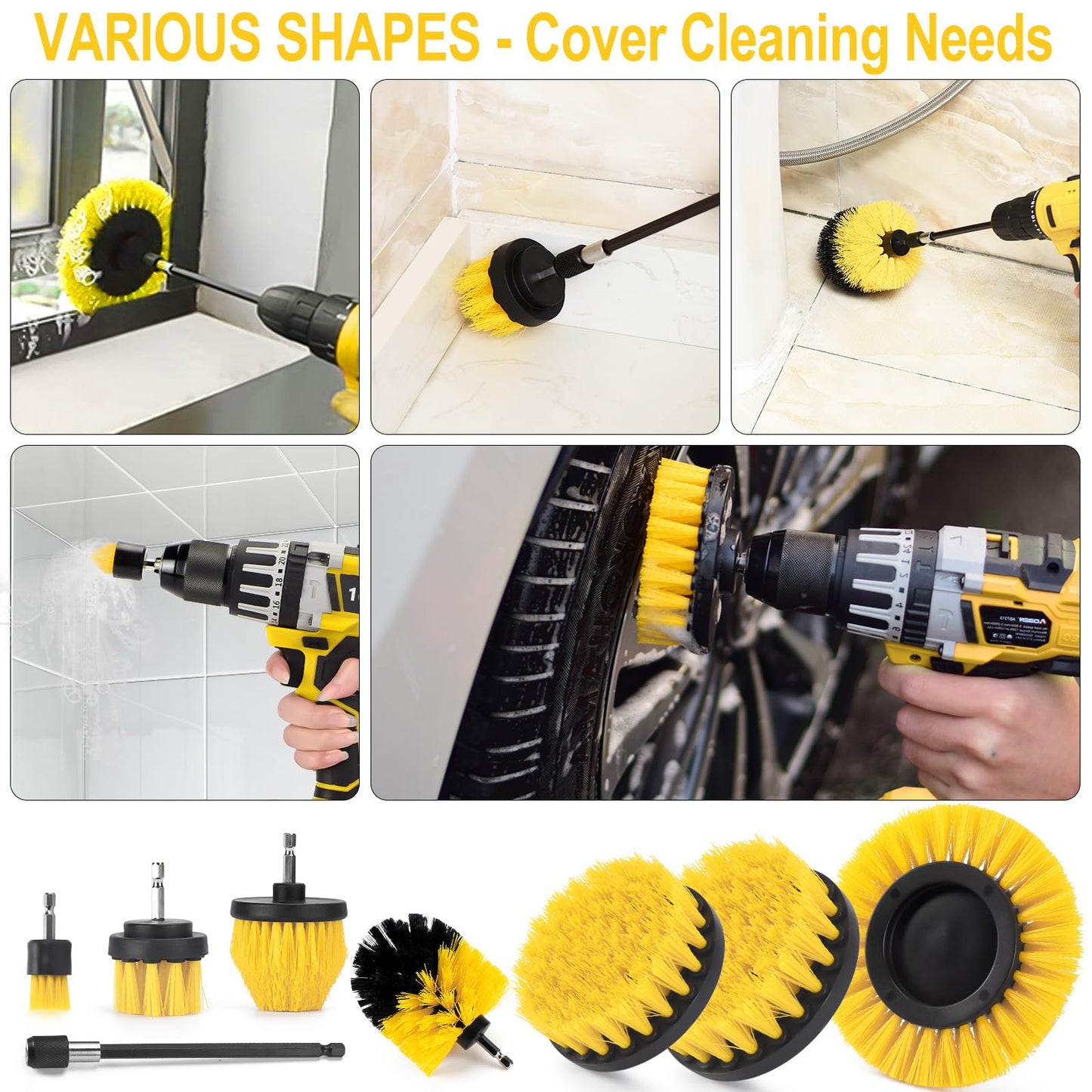 SHIELDPRO 18 Pack Drill Brush Attachment Set, Power Cleaning Scrub Brushes for Drill, Extend Long Attachment, All Purpose for Bathroom, Car Detailing, Carpet, Tile Grout, Sinks, Corners