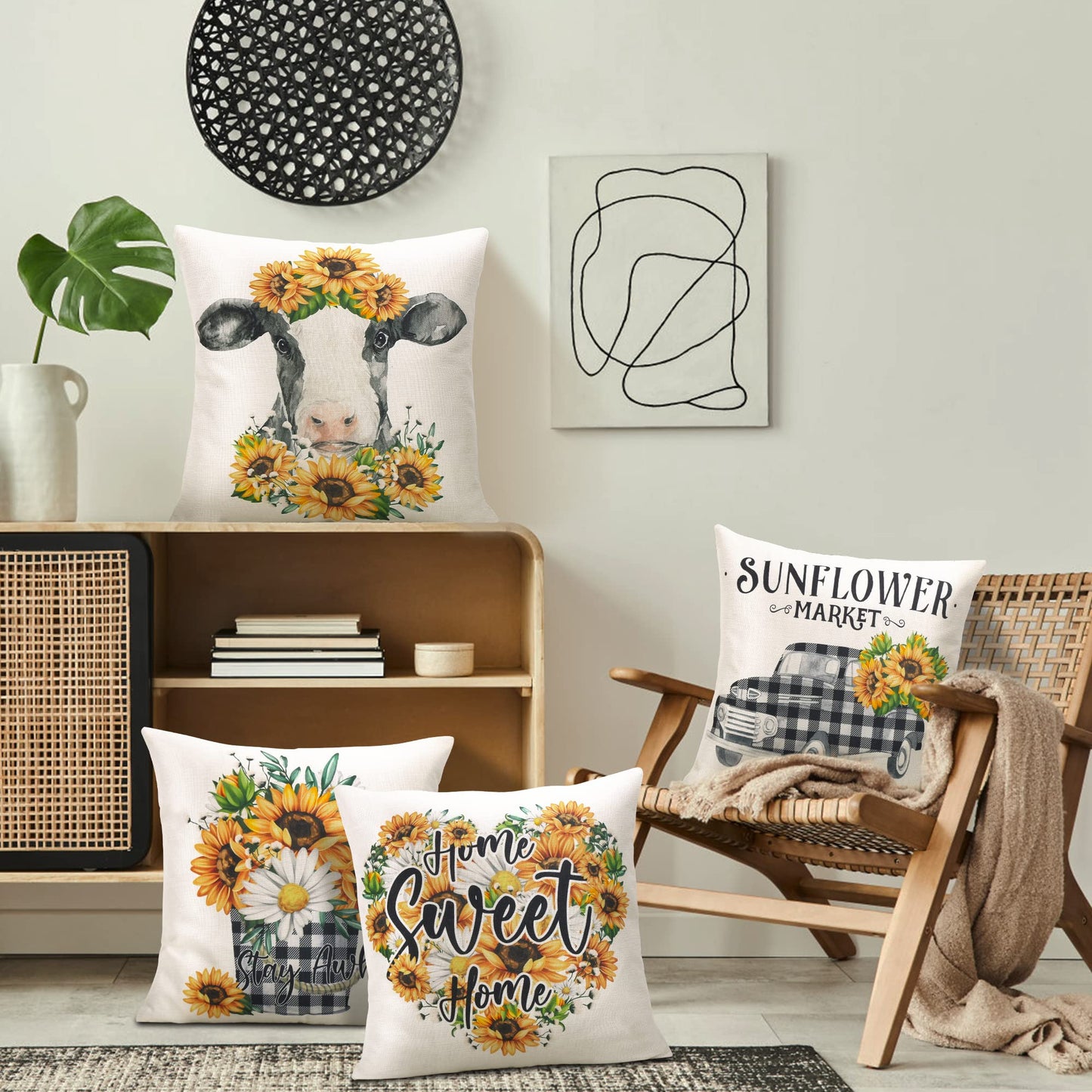 Hofomca Spring Summer Sunflower Throw Pillow Covers 18x18 Set of 4,Yellow Flowers Cushion Case Farmhouse Black and White Cow Buffalo Plaid Pattern Home Decorative for Couch Sofa Outdoor Living Room