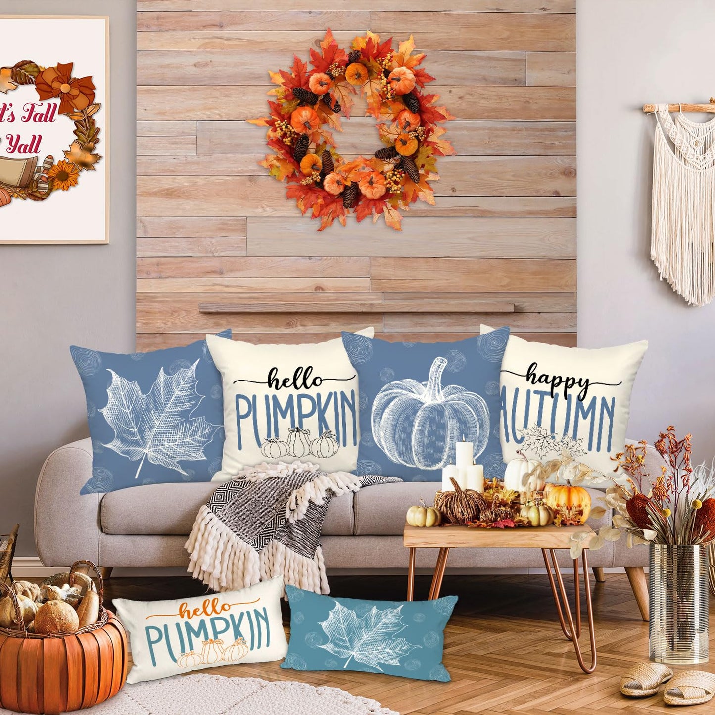 Ywlake Blue 18x18 Throw Fall Pillow Covers Set of 4, Maple Leaf Pumpkin Decorative Holiday 18 x 18 Autumn Cushion Covers Thanksgiving Pillow Case for Indoor Home Bedroom Couch Sofa Decor