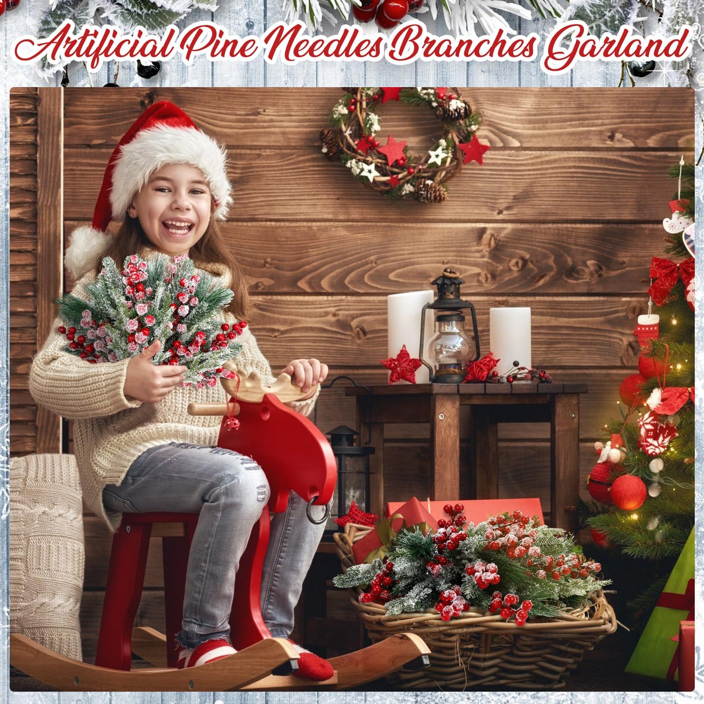 Lyrow 80 Pieces Christmas Snowy Pine Tree Picks Artificial Berry Stems Sprays Faux Cedar Pine Needles Branches for Holiday Arrangement Wreath DIY Garland Holiday Decor Winter Greenery (Red)