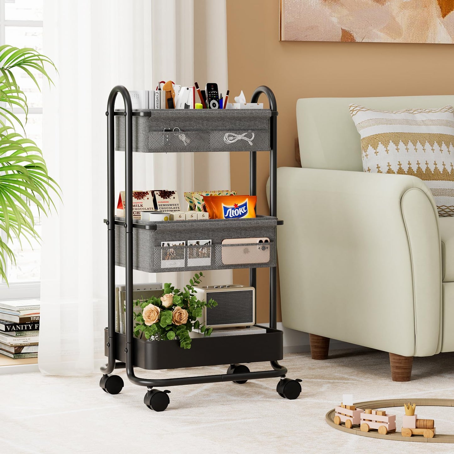 Modanais Baby Diaper Caddy Organizer Cart - 3 Tier Rolling Storage Cart with Wheels, Baby Essentials for Nursery Storage, Detachable Dividers - for Crib, Bedroom, Art & Craft Organizer (Black)