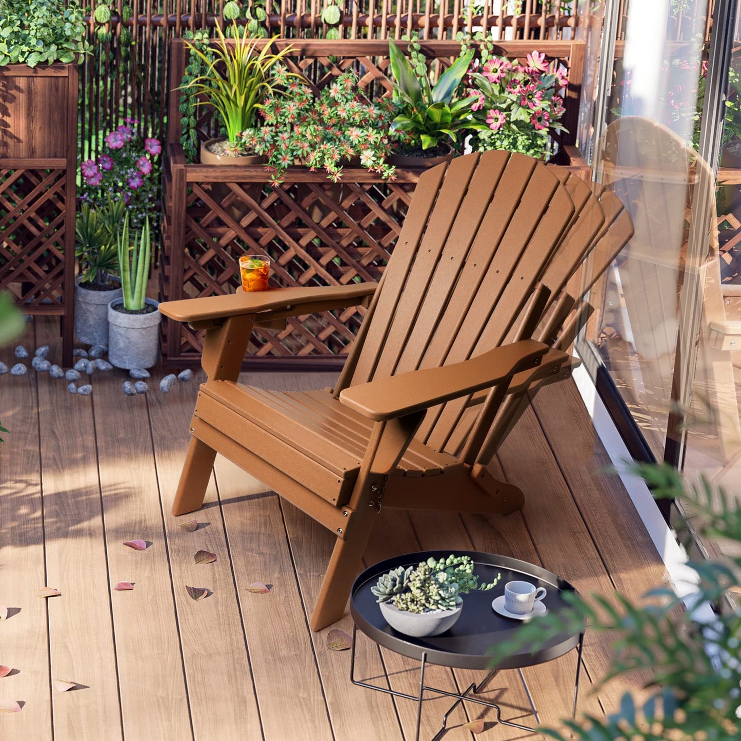 FUNBERRY Folding Adirondack Chair with Adjustable Backrest, HDPE All Weather Fire Pit Chairs with Cup Holder