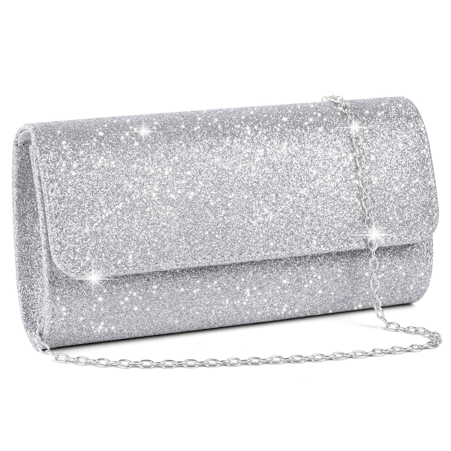 OSDUE Evening Bag Clutch Purses, Rhinestones Purse Silver Sparkling Wedding Party Purse Envelope Evening Bag with Detachable Chain for Women