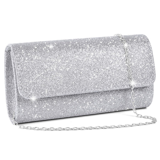 OSDUE Evening Bag Clutch Purses, Rhinestones Purse Silver Sparkling Wedding Party Purse Envelope Evening Bag with Detachable Chain for Women