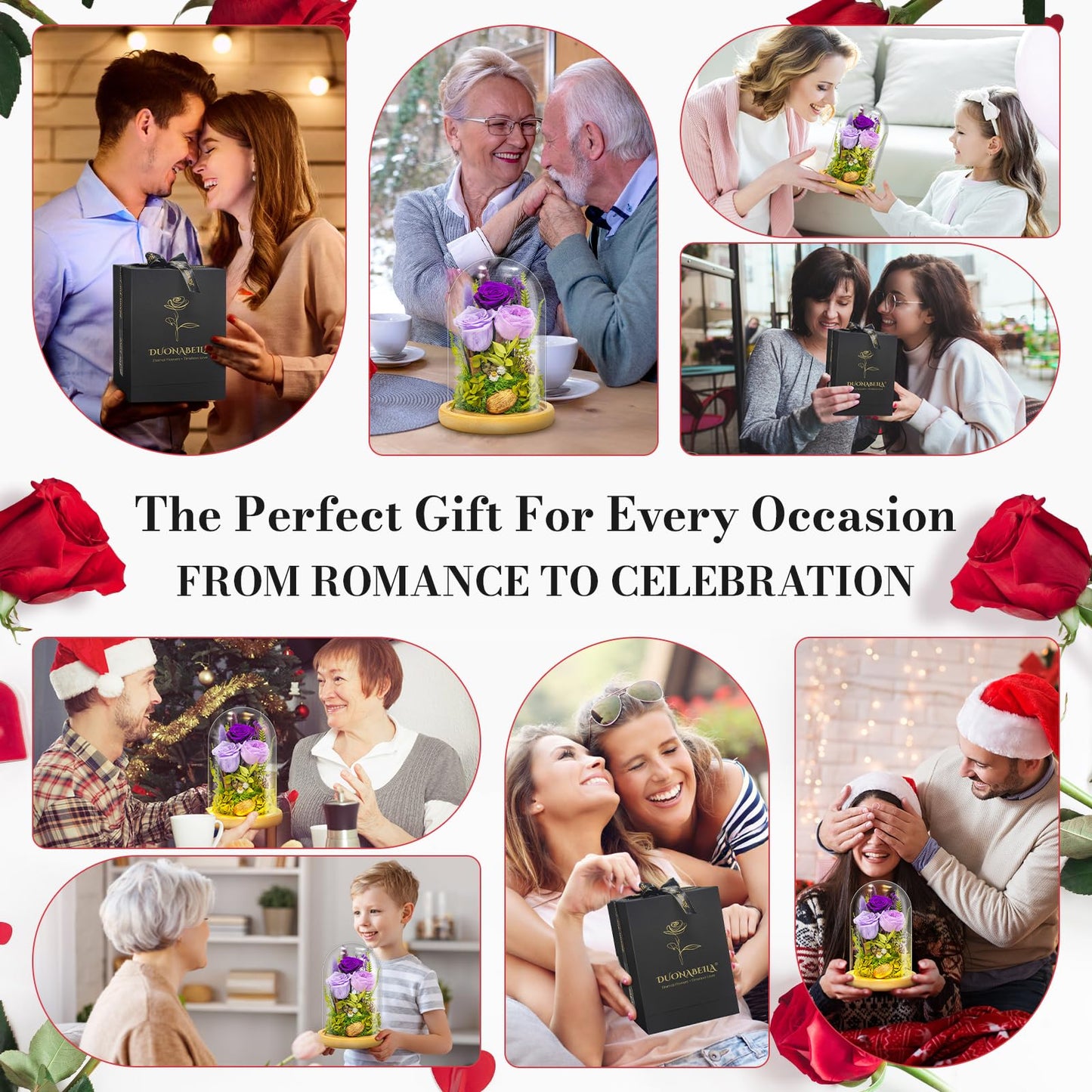 Preserved Flowers Gifts for Women Eternal Rose In Glass Dome Light Up Flower Real Rose Eternal Flowers for Decoration Long Lasting Forever Preserved Glitter Roses Unique Gift on All Occasions(Purple)