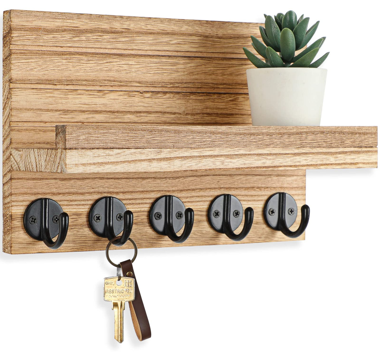 Key Holder for Wall, Decorative Key and Mail Holder with Shelf Has Large Hooks for Bags, Coats, Umbrella – Paulownia Wood Key Hanger with Mounting Hardware (9.8”W x 6.7”H x 4.2”D)