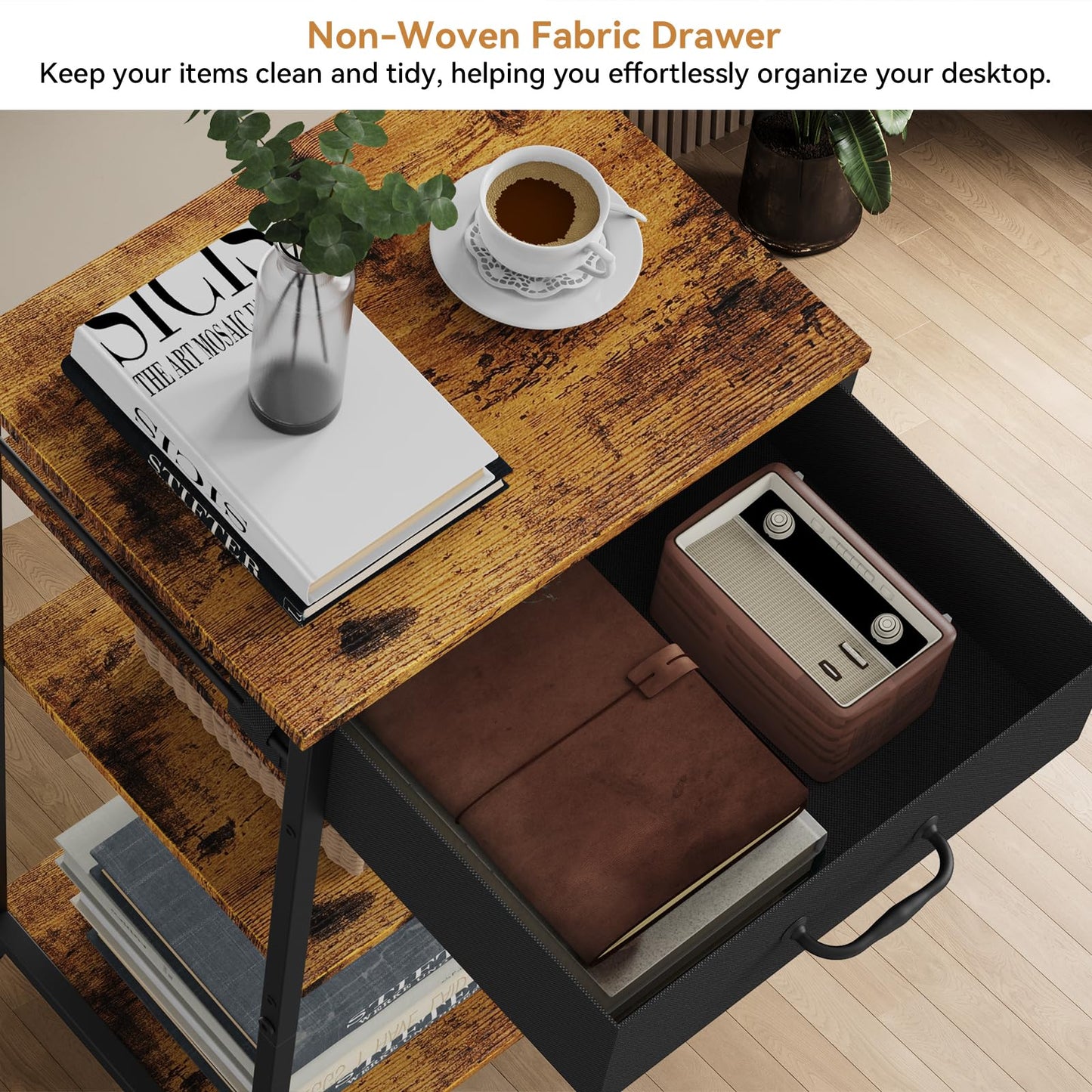 NORCEESAN Printer Stand with Storage, 3 Tier Printer Table for Small Spaces Nightstand with Fabric Drawers Office Side Table with Shelves Industrial Wood Night Stand for Home, Rustic Brown