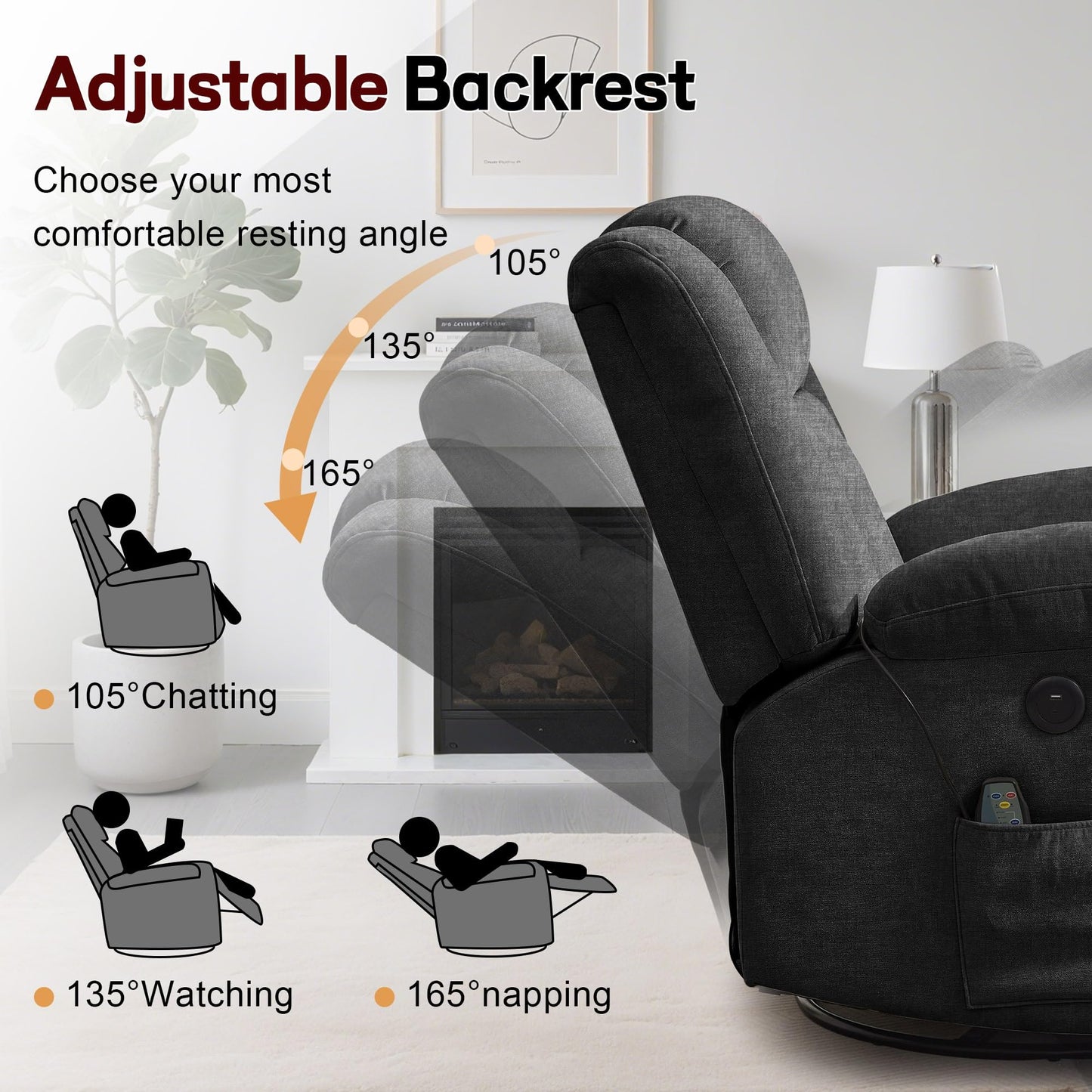 Korser Rocker Recliner, Glider Recliner Chairs for Adults, 360° Swivel Rocking Chair with Massage and Heating, Nursery Chair with Storage and USB Charging for Living Room, Bedroom, Nursery