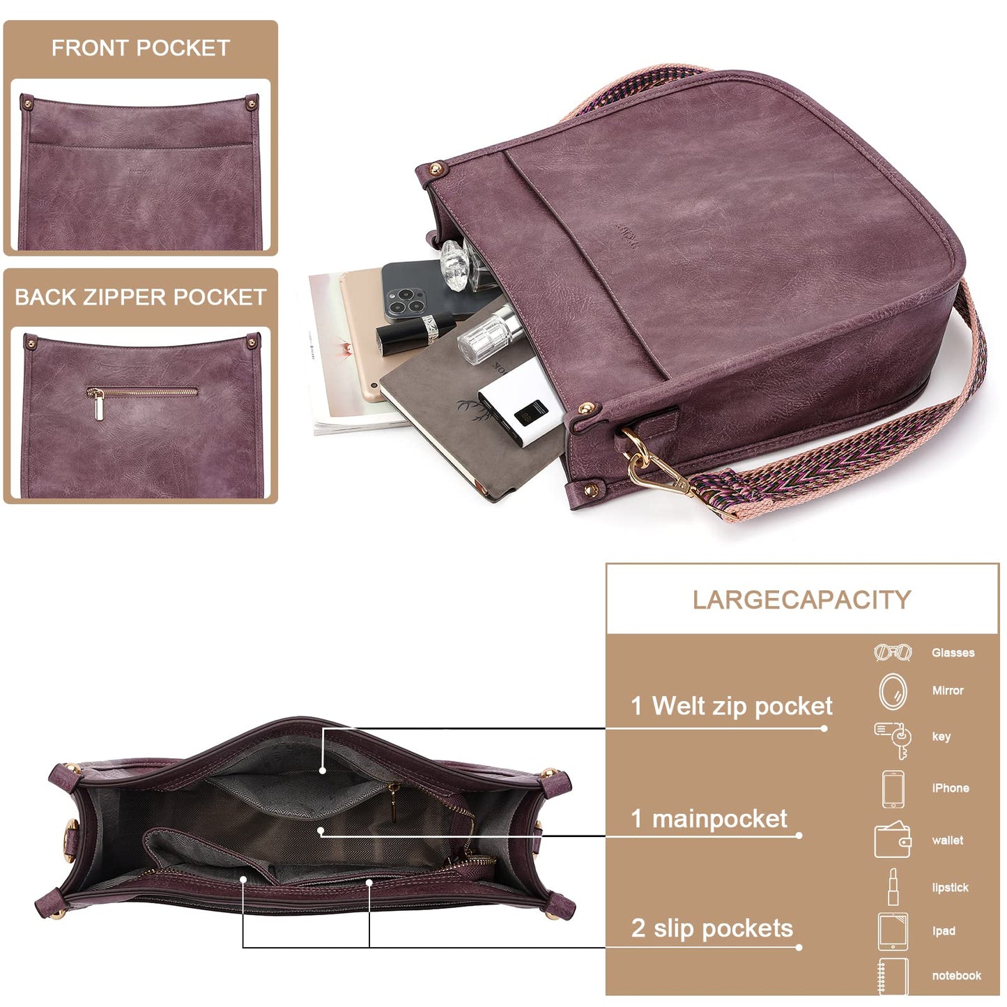 HKCLUF Crossbody Bags for Women Trendy Vegan Leather Hobo Handbags With 2pcs Adjustable Guitar Strap Crossbody Purse For Women(Purple)