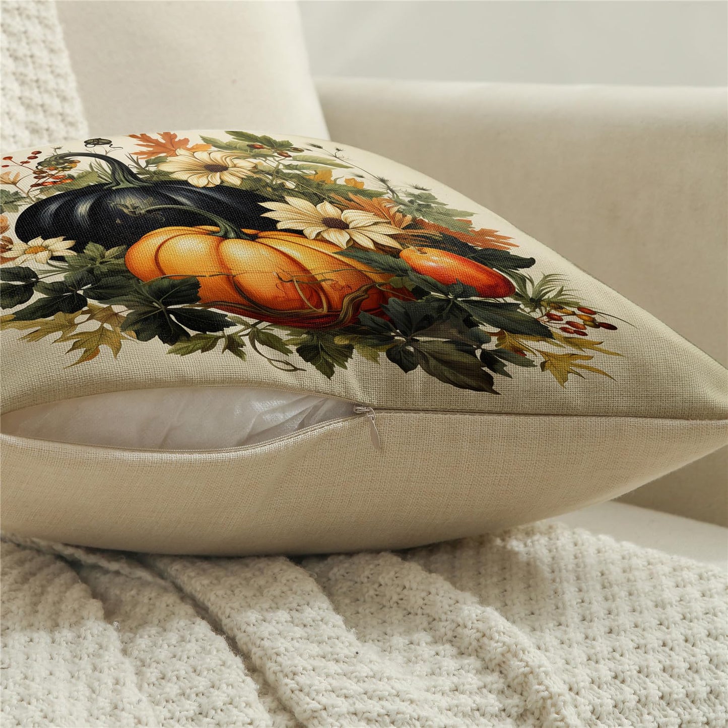 NIGHTWISH Fall Pillow Covers 18x18 Set of 4 Thanksgiving Farmhouse Decorations Dark Green Orange Pumpkin Outdoor Fall Decor Throw Pillow Covers Striped Vines Harvest Autumn Cushion Case for Sofa Couch