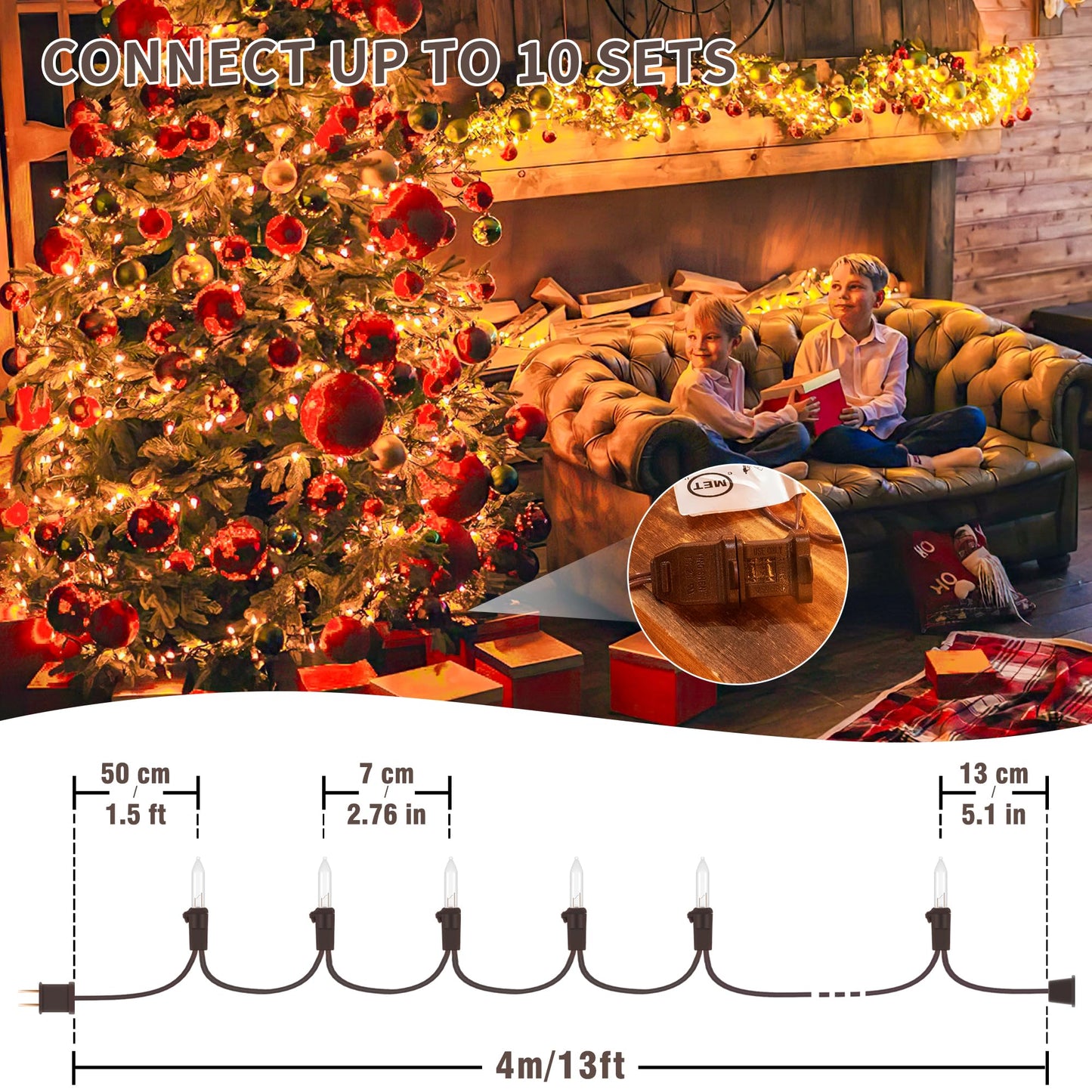 YOUNGAR 13FT 50 Clear Christmas Lights Outdoor, UL Approved Christmas Tree Lights with Brown Wire, Incandescent Mini Light Plug in for Indoor Outdoor Tree Patio Garden Xmas Decor