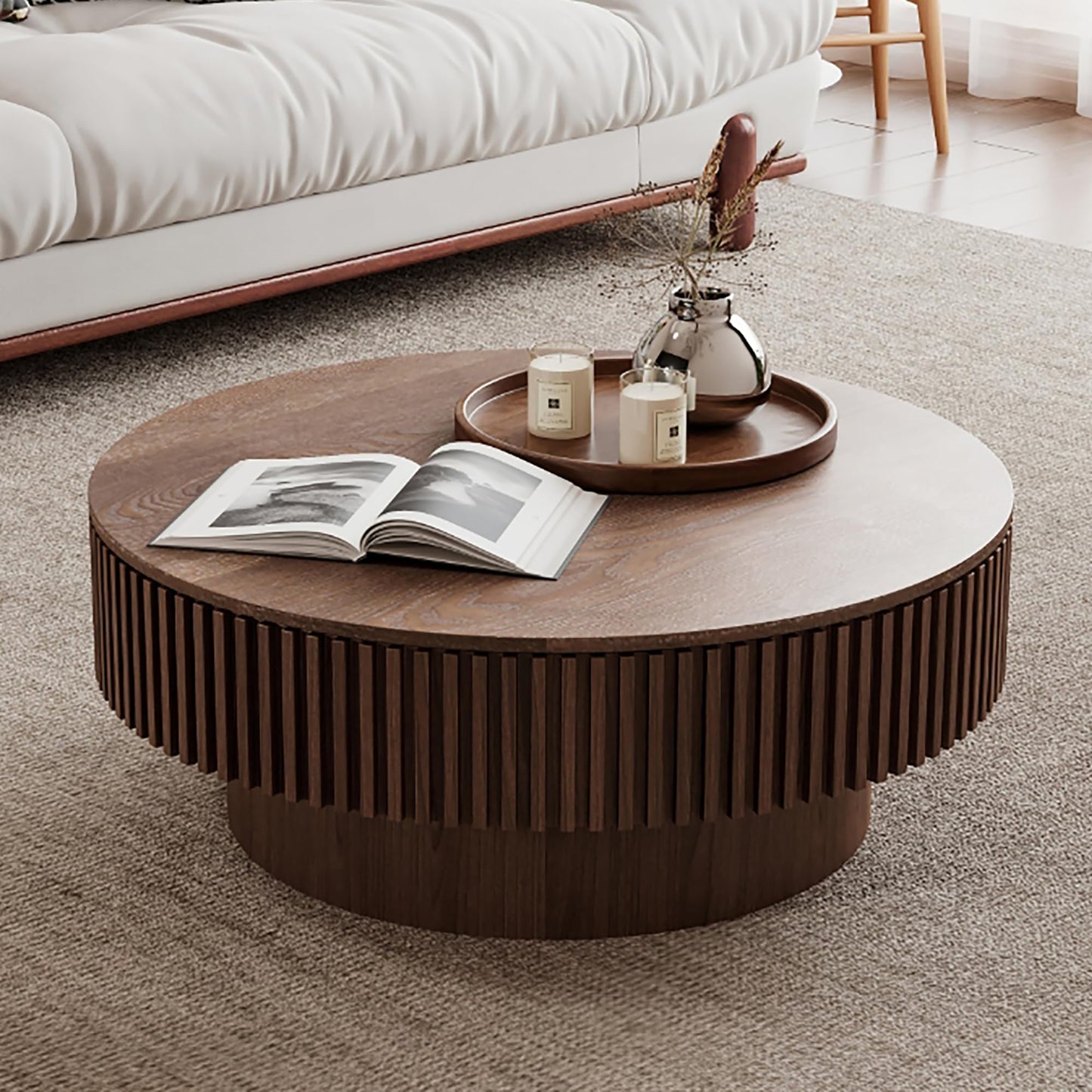BSYEIO 31.5'' Round Coffee Table with Storage, Modern Luxury Circle Drum Center Tables with Solid Wood Veneered, Accent Side Coffee Table for Living Room, Bedroom, Apartment-Walnut