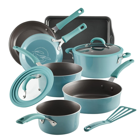 Rachael Ray Cook + Create Nonstick Cookware/Pots and Pan Set, 10 Piece, Agave Blue