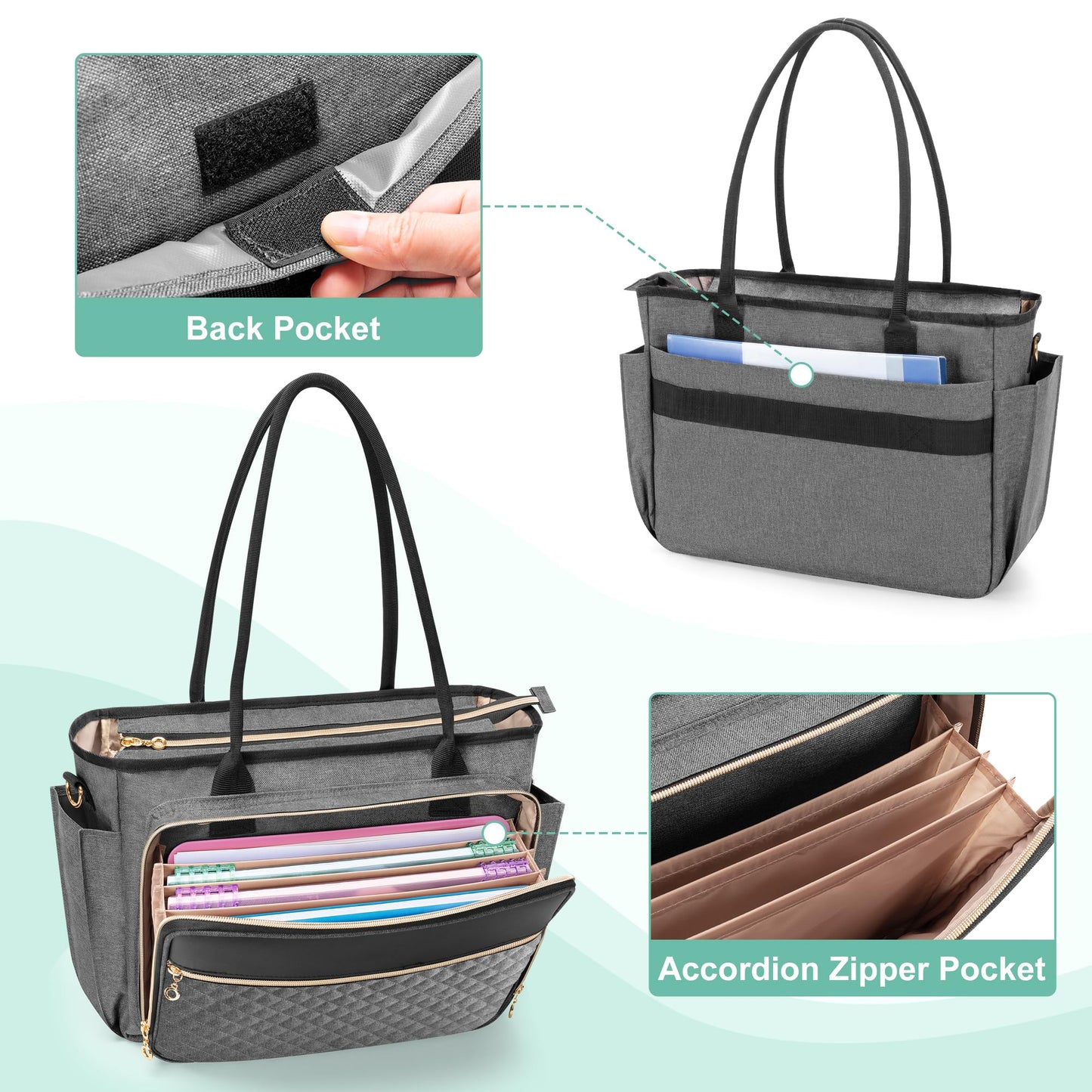 LUXJA Teacher Tote Bag with Accordion File Pocket, Teacher Bag for Women with 15.6 Inch Laptop Compartment, Gray