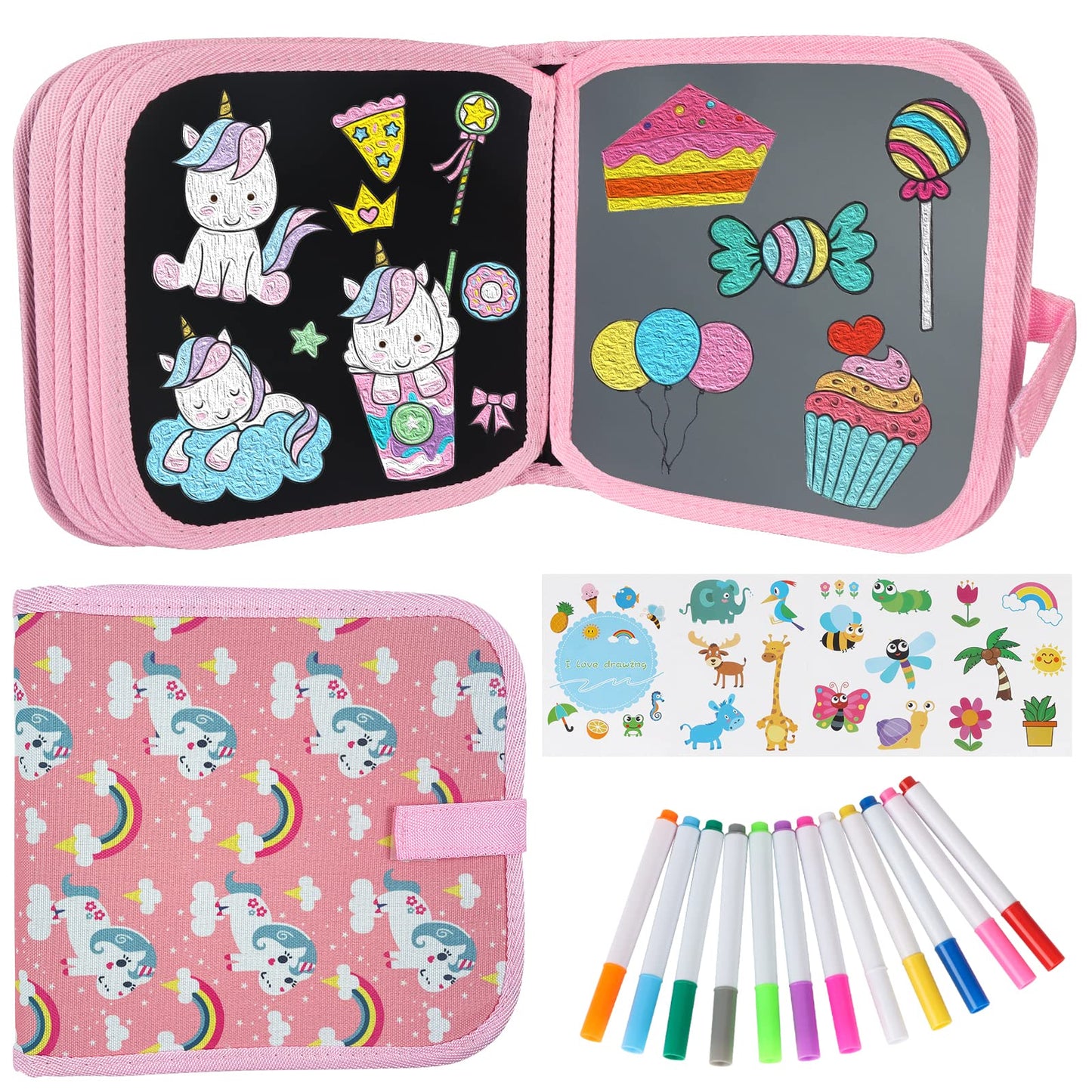 Qrytoi Erasable Book Doodle Set for Kids,Magic Drawing Book for Kids,Reusable Drawing Book 12 Watercolor Pens 14 Page Drawing,Road Trip Car Game Writing Painting Set for Boys and Girls