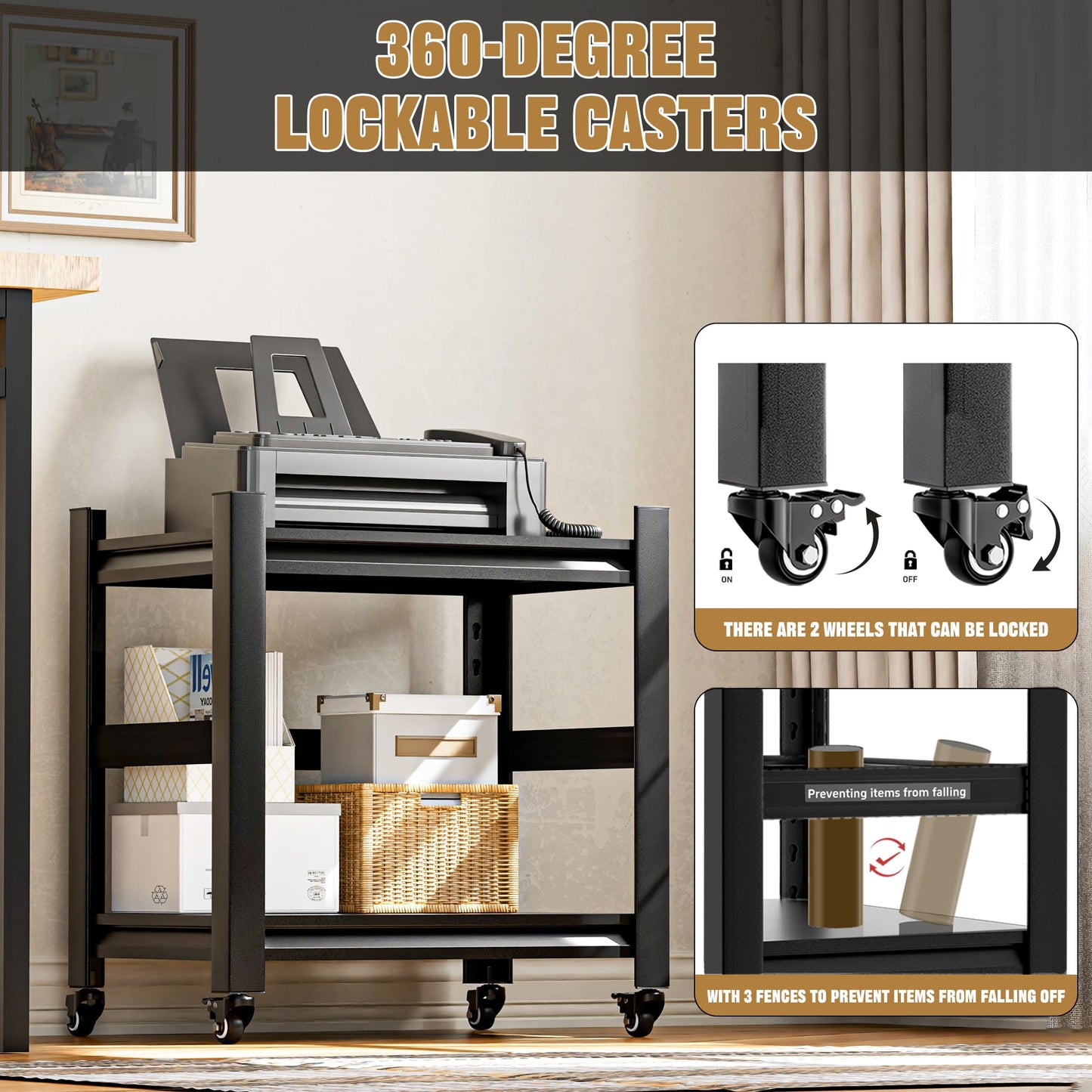 Phonando Printer Stand with Wheels,2-Tier Printer Table with Adjustable Storage Shelf for Home Office,Rolling Printer Cart for Heat Press Mini Fridge, Computer,Black