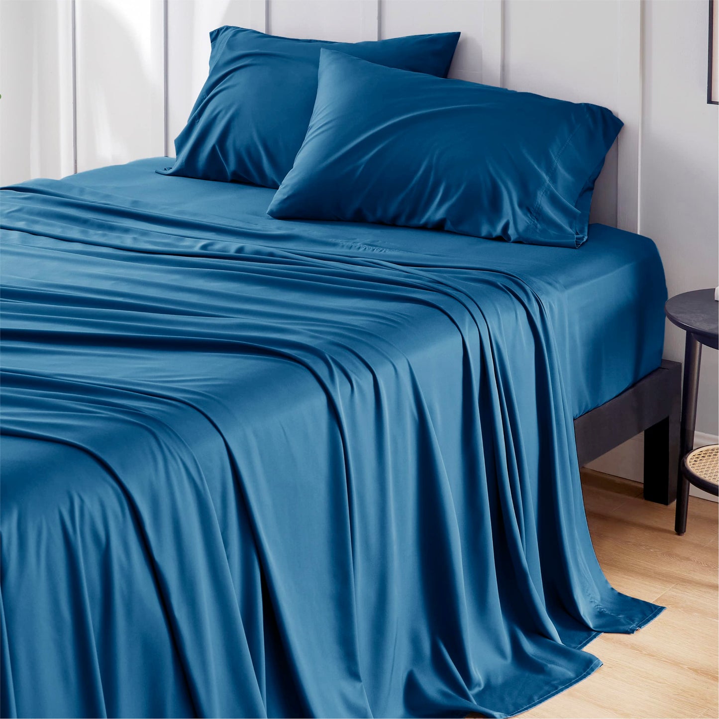 Bedsure Queen Sheets, Rayon Derived from Bamboo, Queen Cooling Sheet Set, Deep Pocket Up to 16", Breathable & Soft Bed Sheets, Hotel Luxury Silky Bedding Sheets & Pillowcases, Peacock Blue